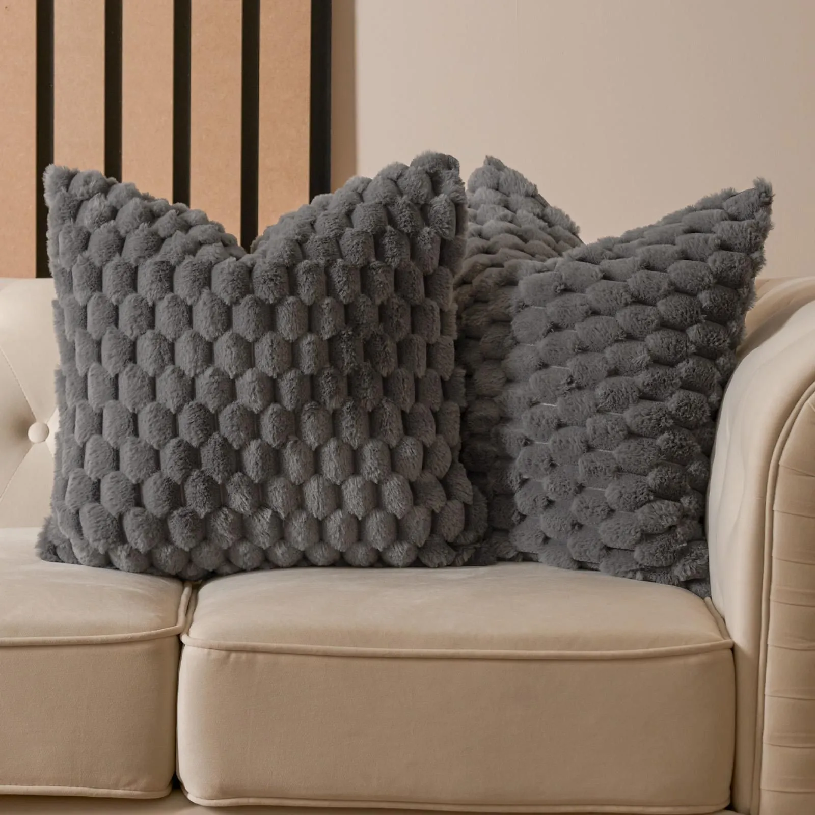 OHS 2 Pack Waffle Faux Fur Cushion Covers - 45 x 45cm in Charcoal