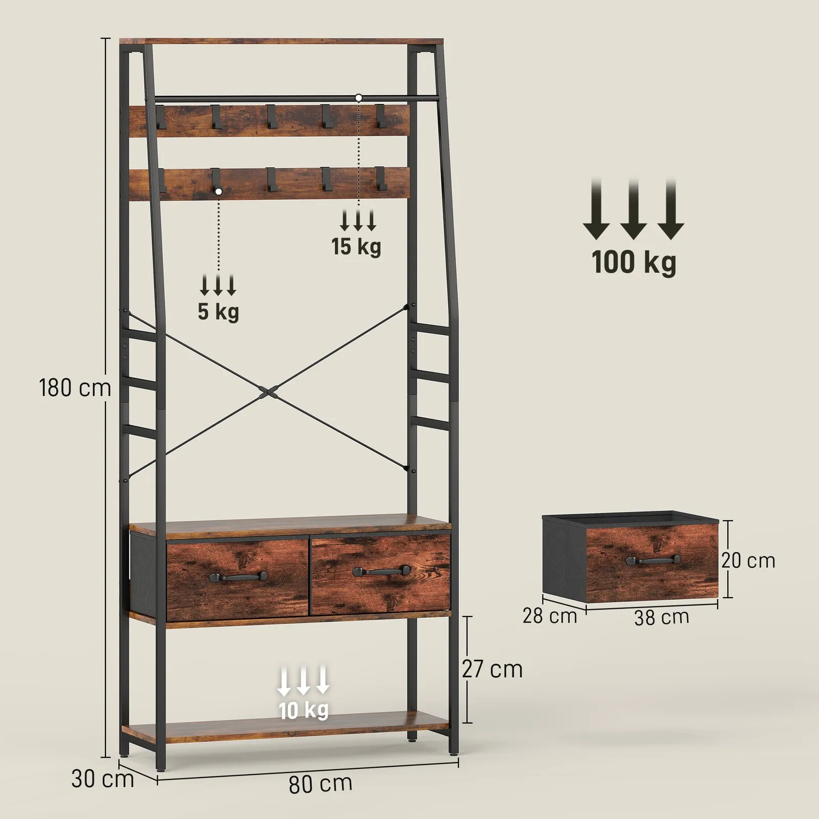 HOMCOM Coat Rack with Shoe Storage, Bench & 10 Hooks in Brown 3