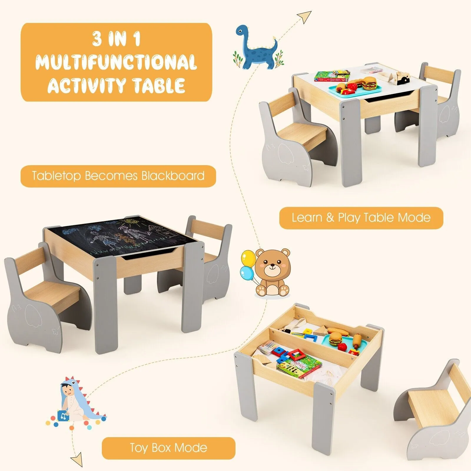 Costway 4 in 1 Activity Table & Chairs Wooden Furniture Set w/ Storage in Grey 6