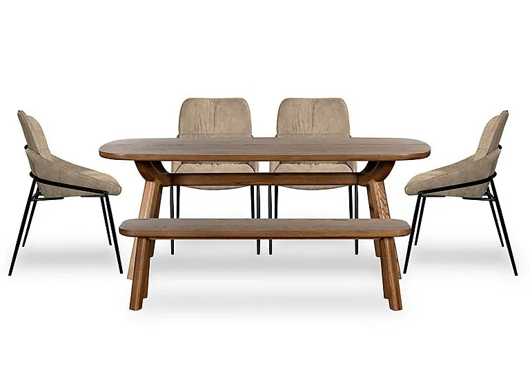 Pien Large Boat Shaped Oak Fixed Dining Table, 4 Faux Leather Chairs with Metal Legs and a Large Bench - In Time for Christmas