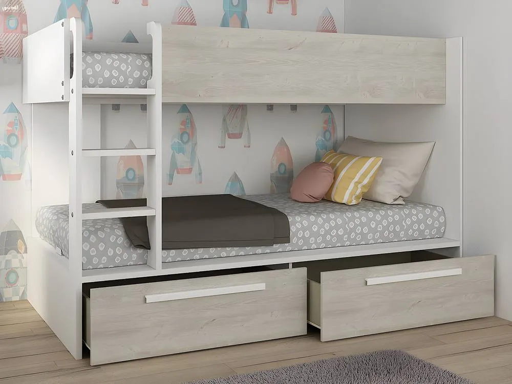 Vente-unique Bunk Beds With 2 Drawers - 2 X 90 X 200 Cm - White & Natural in Light Oak