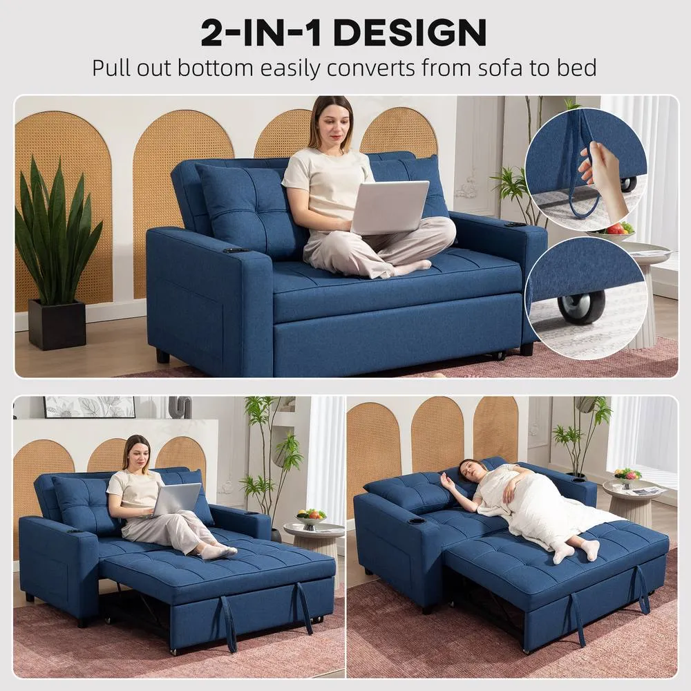 HOMCOM 2 Seater Pull Out Sofa Bed with Pockets for Living Room, Dark Blue 4