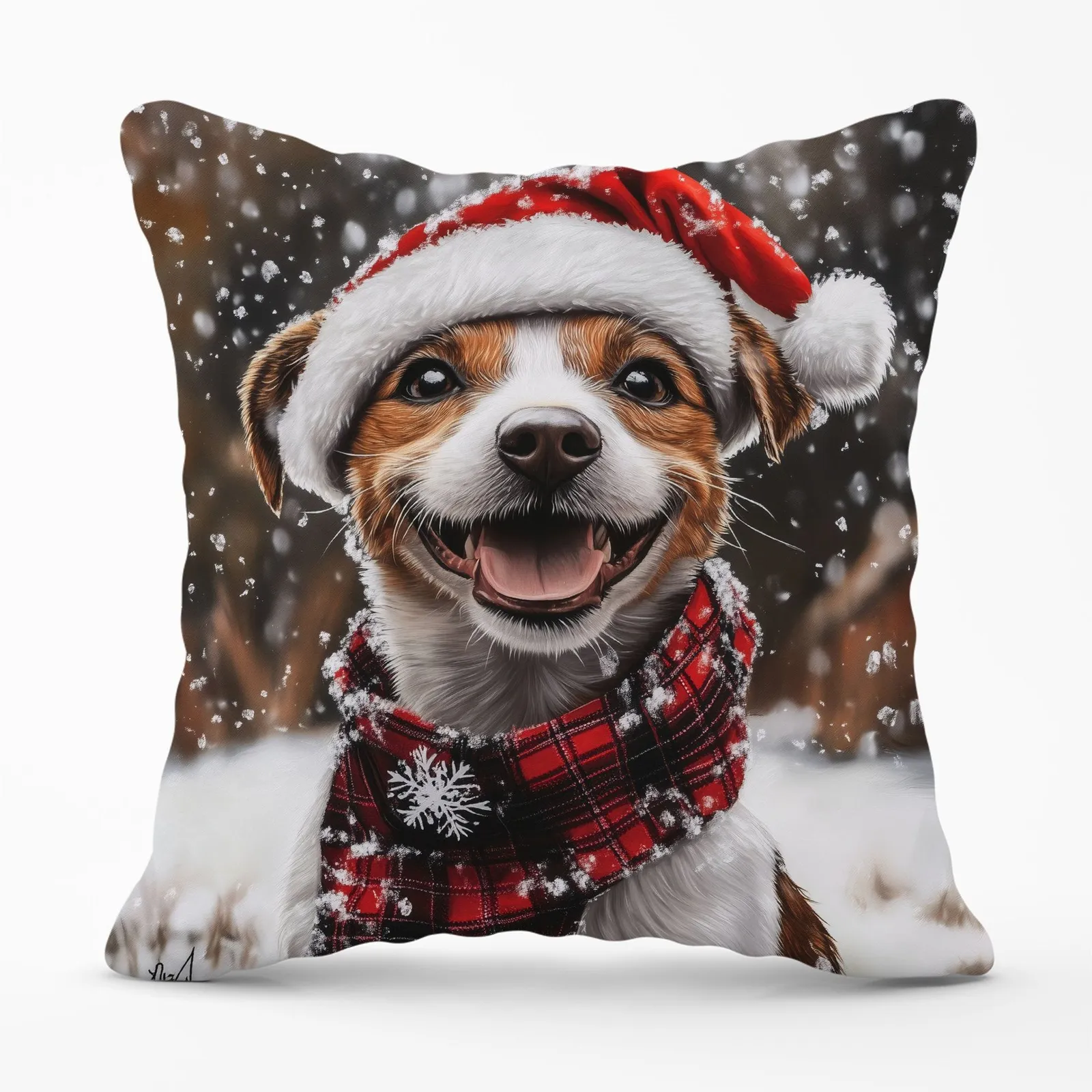Warren Reed - Designer Snowy Christmas Jack Russell Cushion in Brown