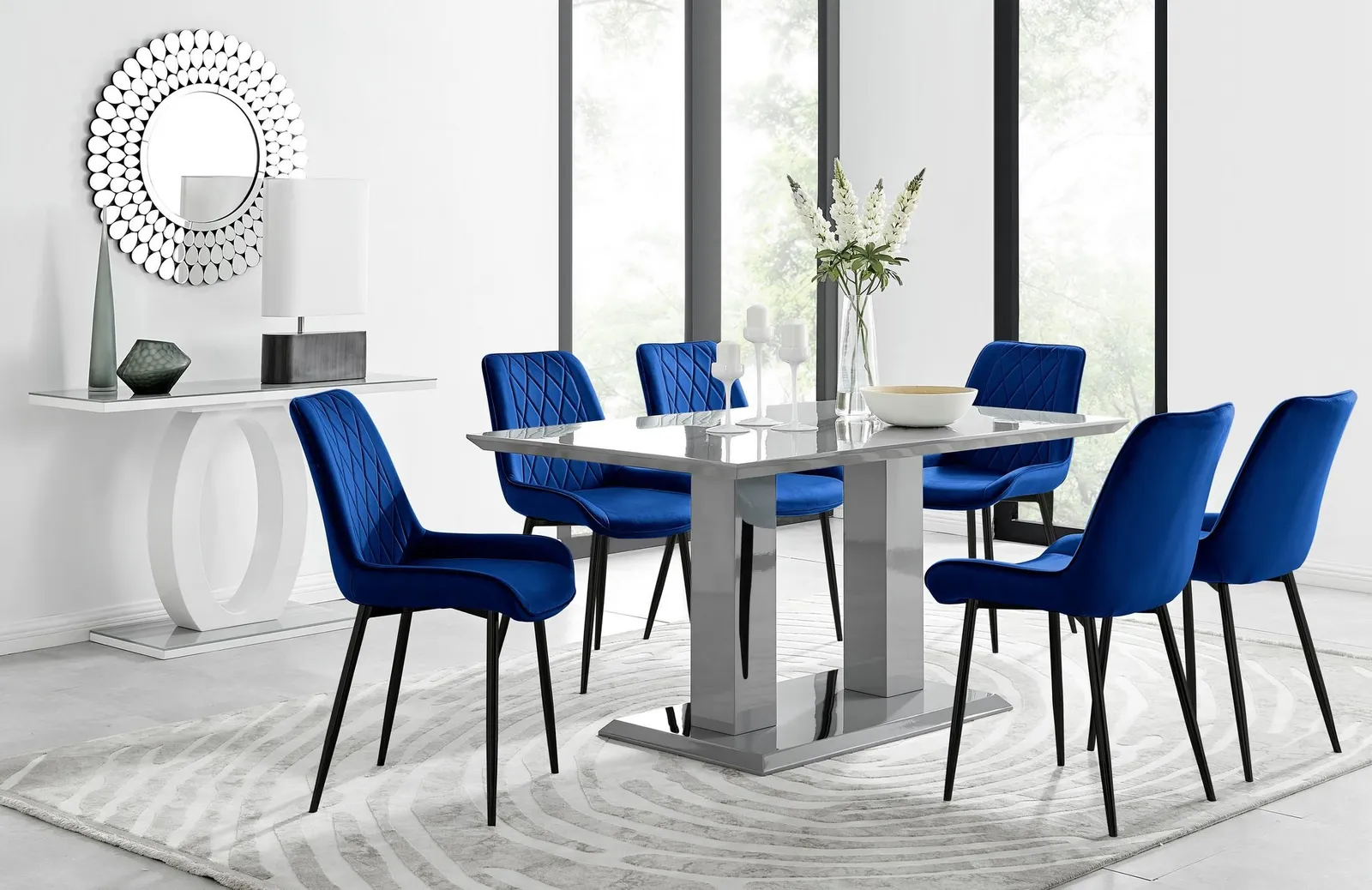FurnitureboxUK Imperia 6 Grey Dining Table & 6 Pesaro Black Leg Chairs in Navy 1