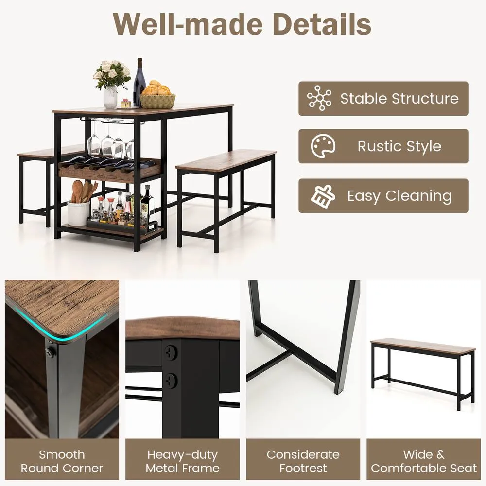 Costway 3 PCS Dining Table Set for 4 Dining Table & 2 Benches W/ Glass Holder in Brown 6