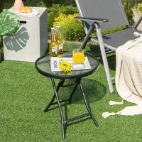 Costway Patio Folding Glass Side Table 46 cm Portable Round Bistro Coffee Table in Black 4