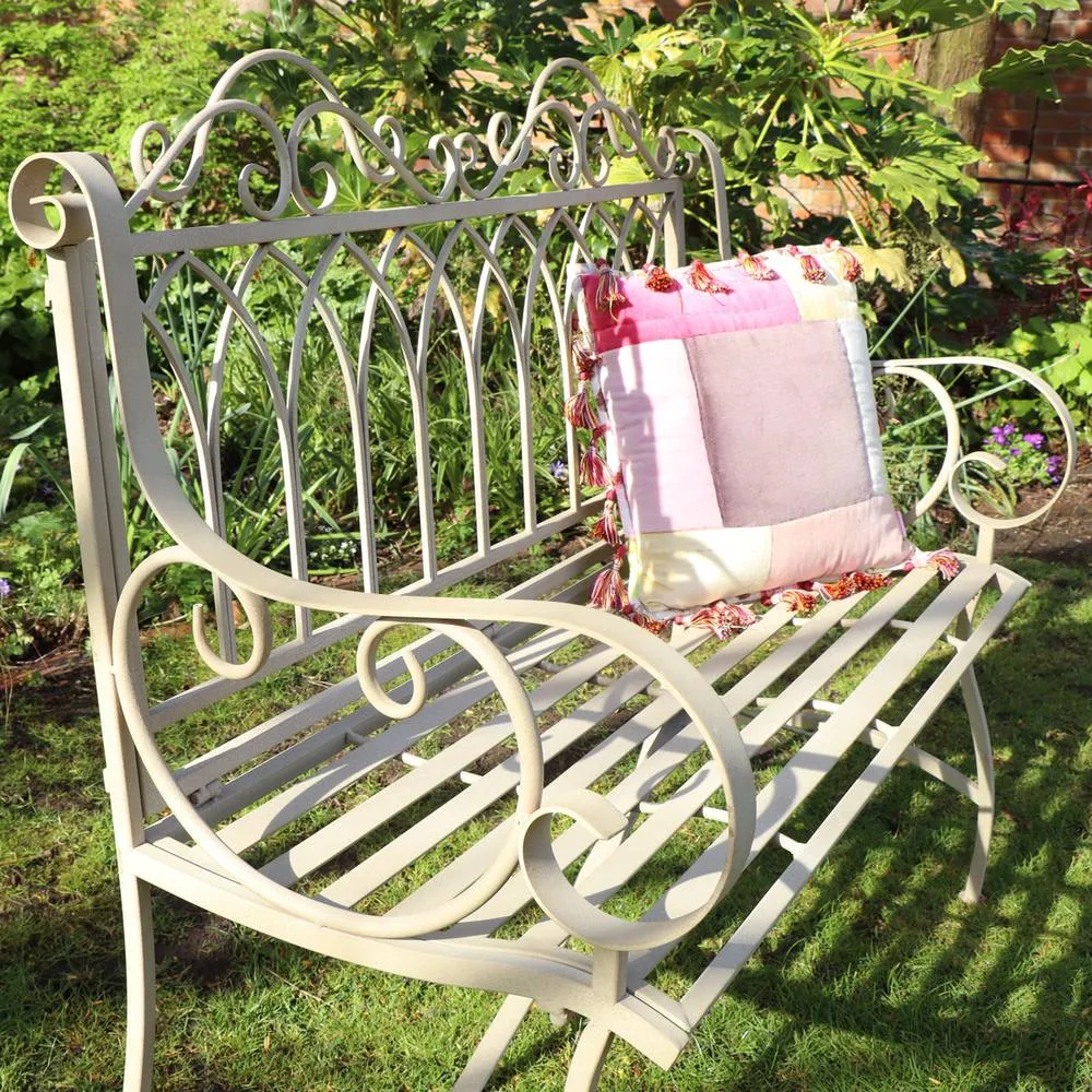Melody Maison Rustic Cream Vintage Metal Garden Bench in Silver 2