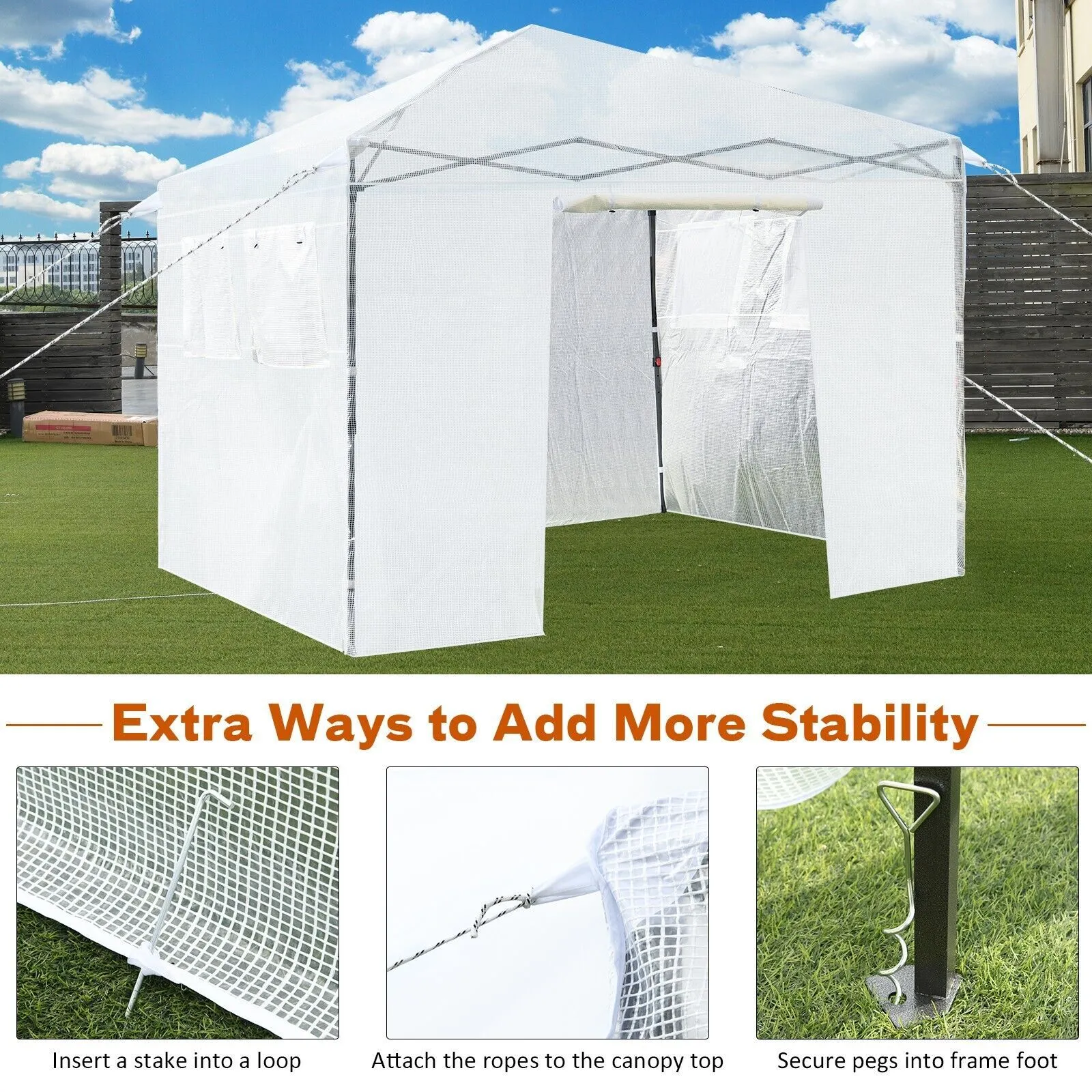 Costway Portable Garden Greenhouse Walk-in Gardening Greenhouse Roll-up Door 4 Windows in White 5