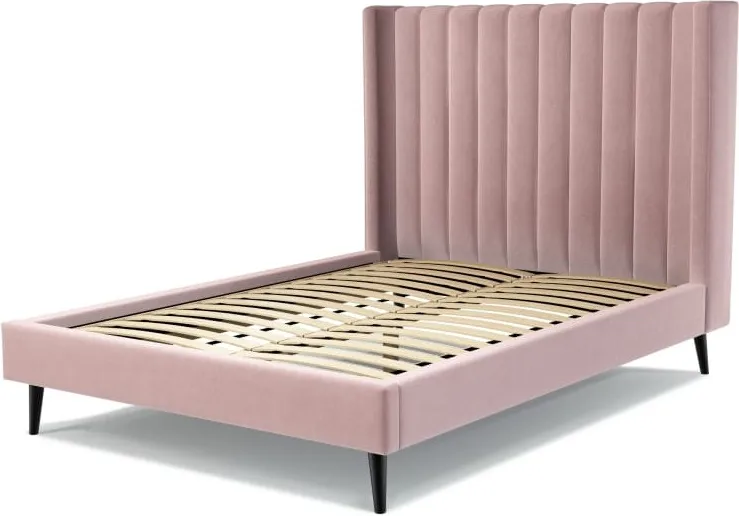 Cory Double Bed, Heather Pink Velvet with Black Stain Oak Legs