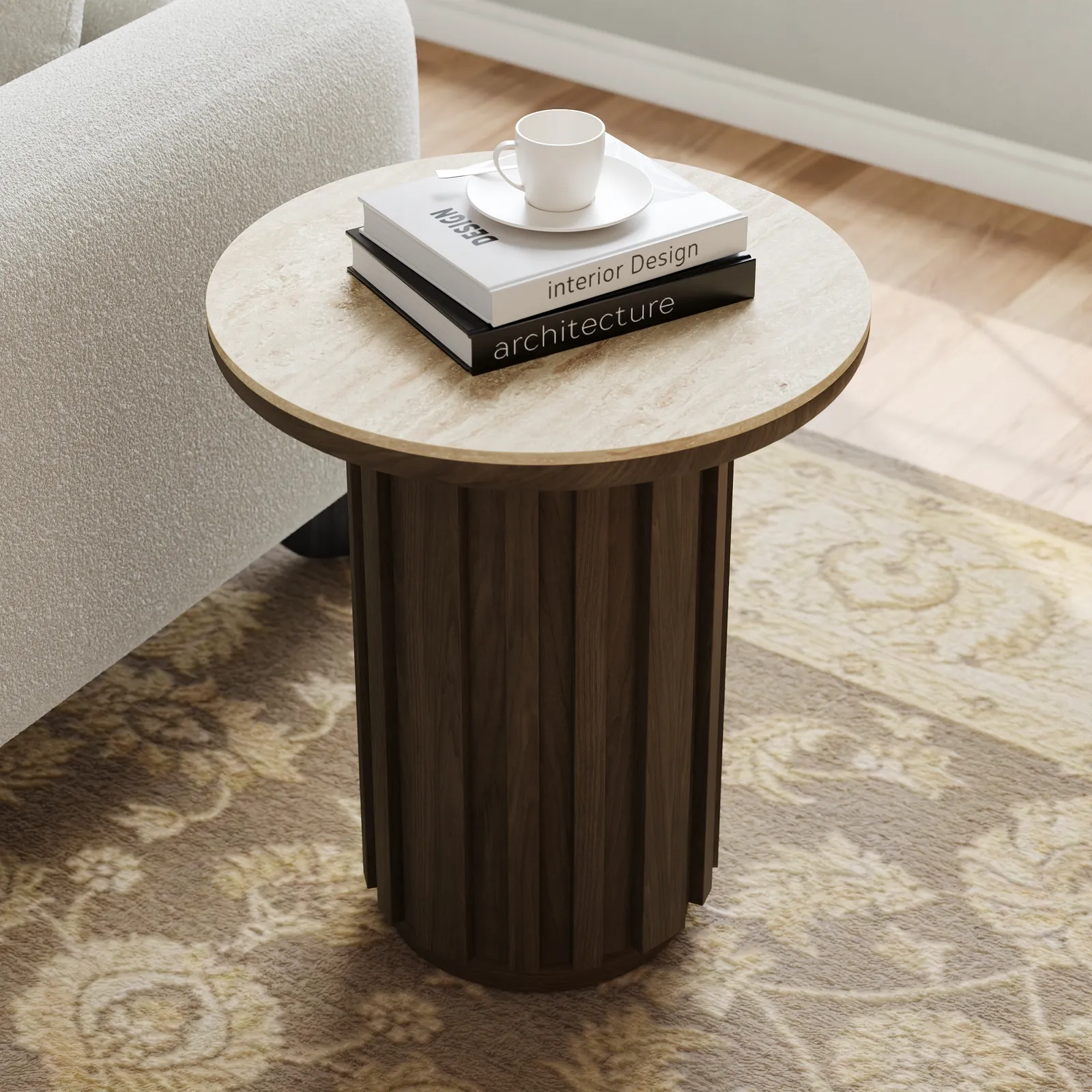 Aura Ash Wood Fluted Round Side Table with Sintered Stone Top