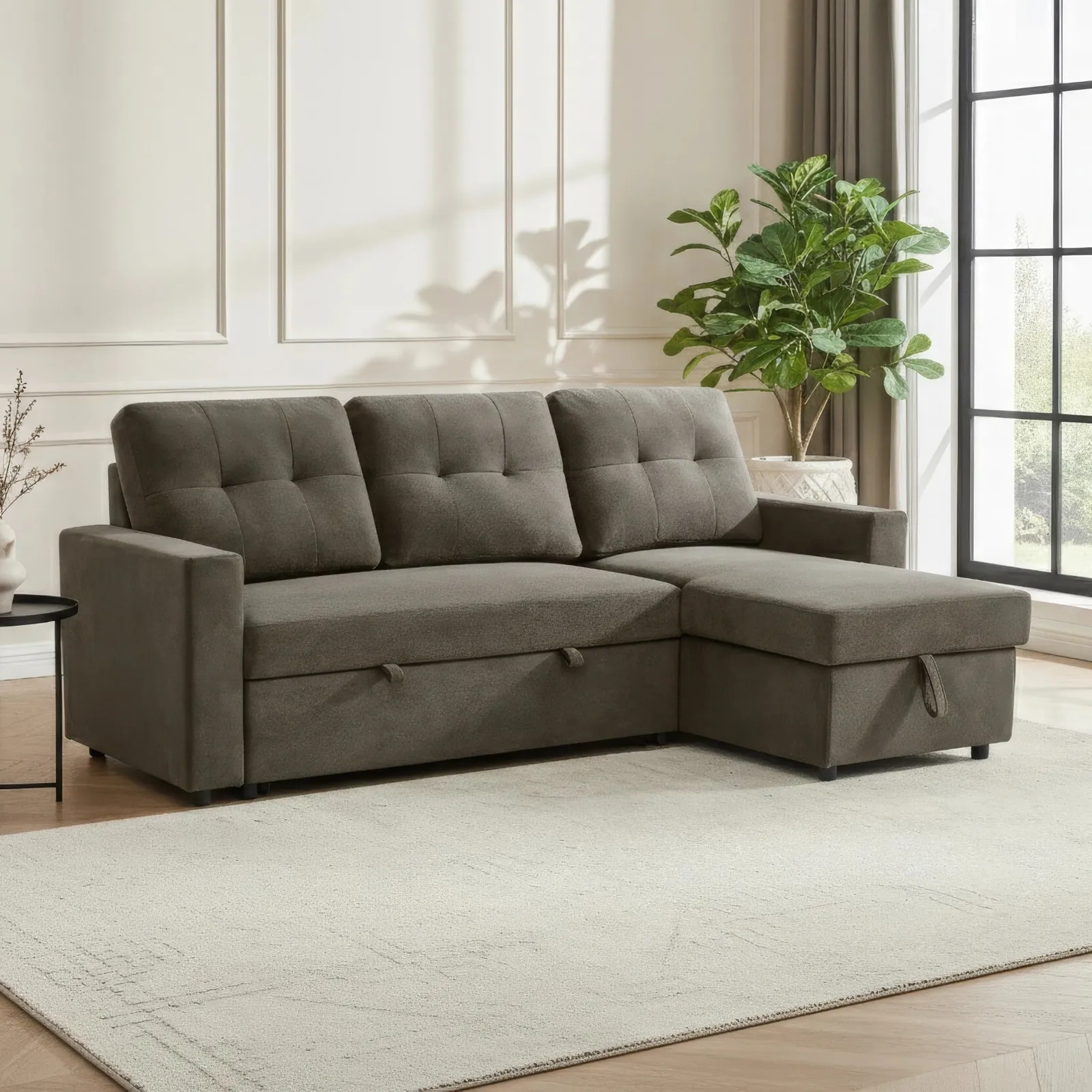 Reegan - L-Shaped Corner Sofa Bed - Taupe - Fabric - Make It Homely