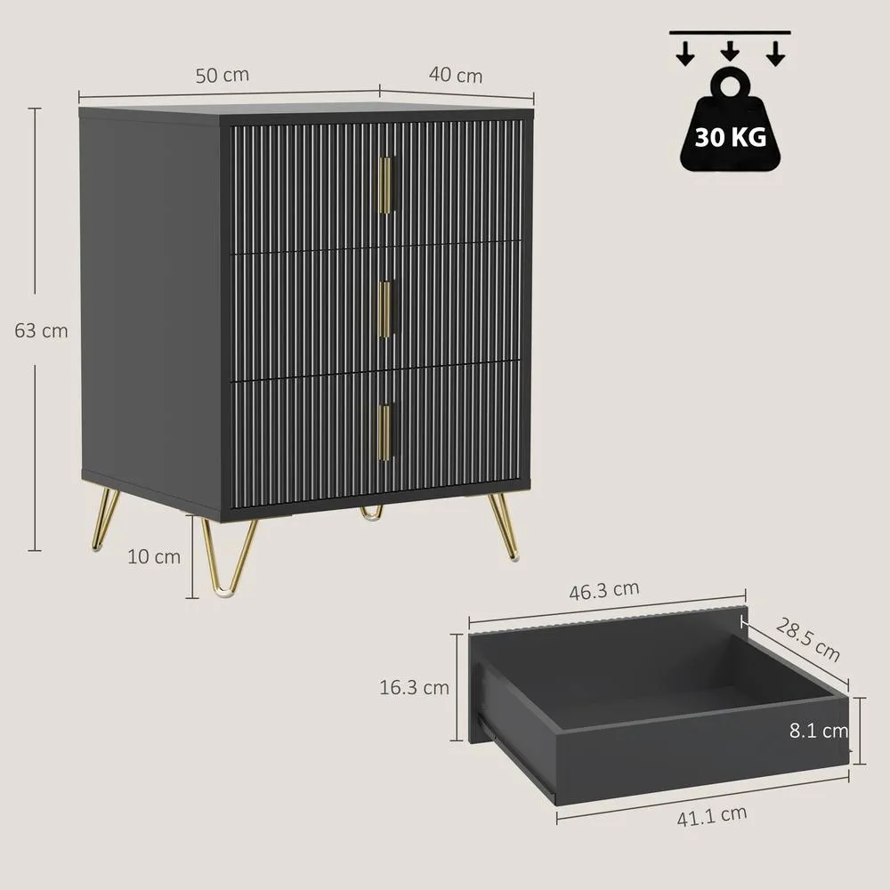 HOMCOM Modern 3 Drawer Dresser with Metal Legs & Steel Handles, Black 3