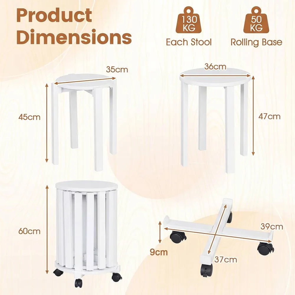 Costway 4PCS Stackable Stools w/ Rolling Base Wooden Nesting Dining Chair in White 2