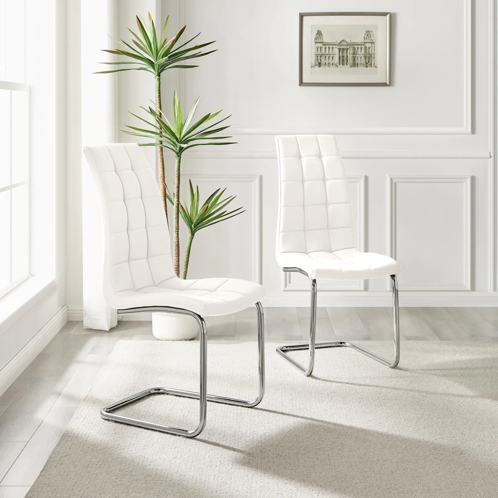 FurnitureboxUK Set of 2 Murano Deep Cushioned Soft Touch Faux Leather Dining Chairs With Silver Chrome Metal Legs in White 2