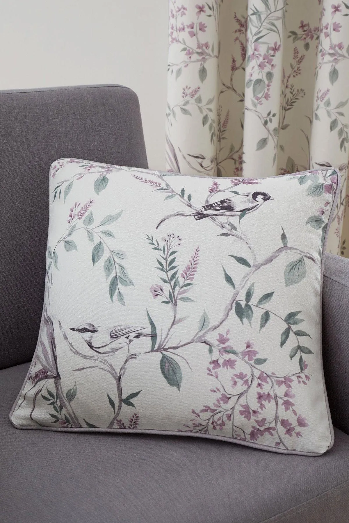 Dreams & Drapes 'Jazmine' Filled 100% Cotton Cushion With Hand Painted Floral Print in Lavender