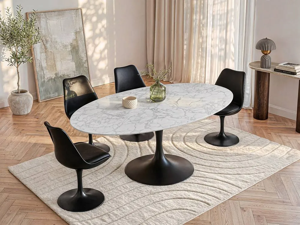 Vente-unique 8-Person Ceramic & Black Metal Dining Table - White Marble Effect 3