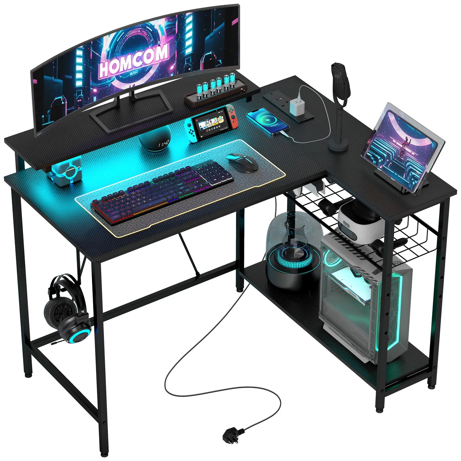 HOMCOM L Shaped Desk with LED Lights & Storage, Black 2