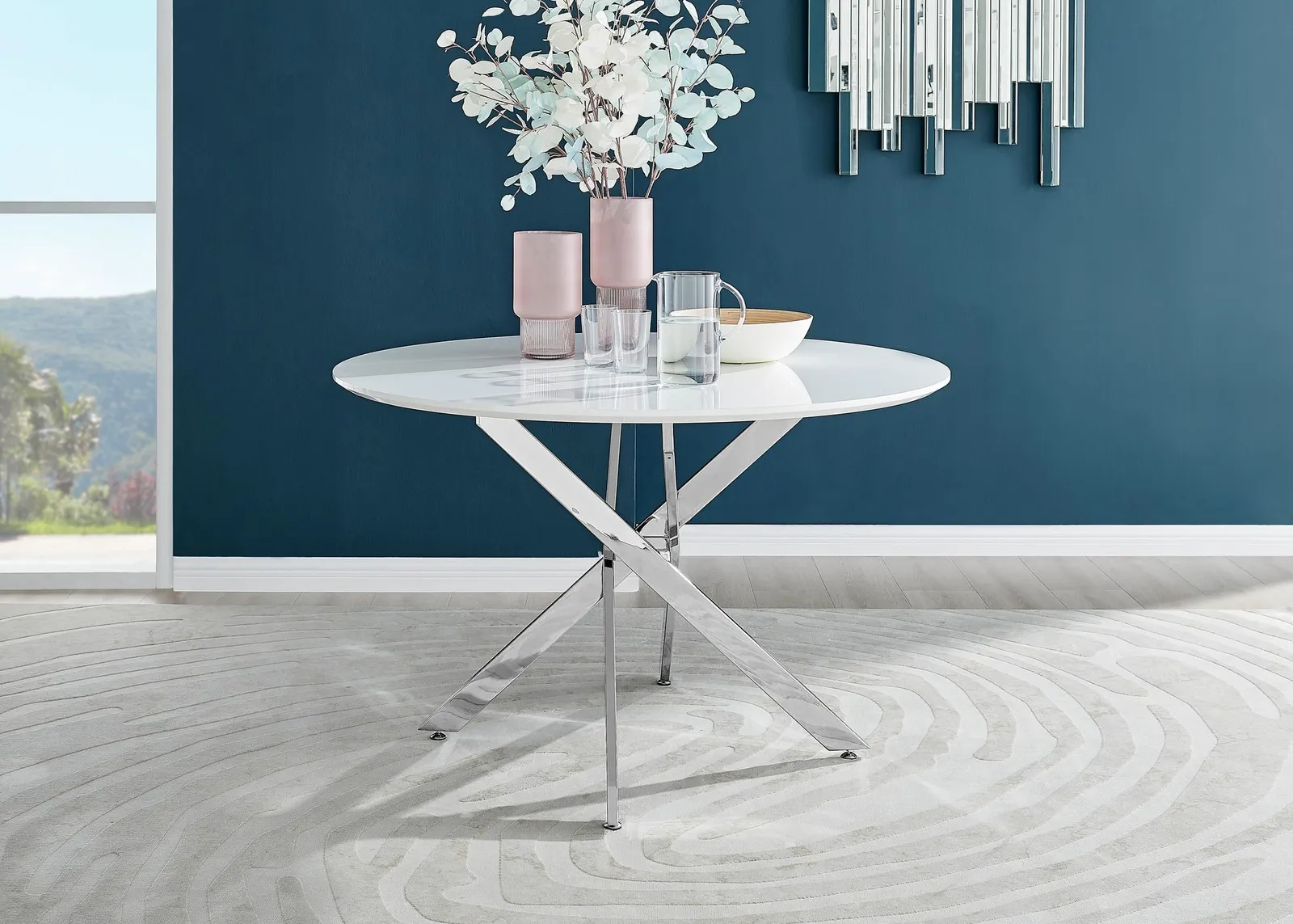 FurnitureboxUK Novara 120cm Round 6-Seater Dining Table With Silver Chrome Legs in White 2