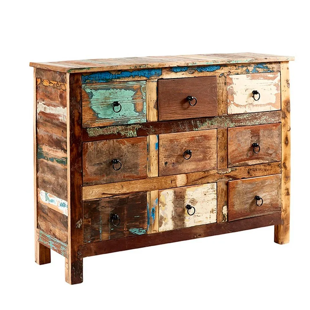 Indian Hub Coastal 9 Drawer Chest - Wood - L40 x W120 x H90 cm in Brown
