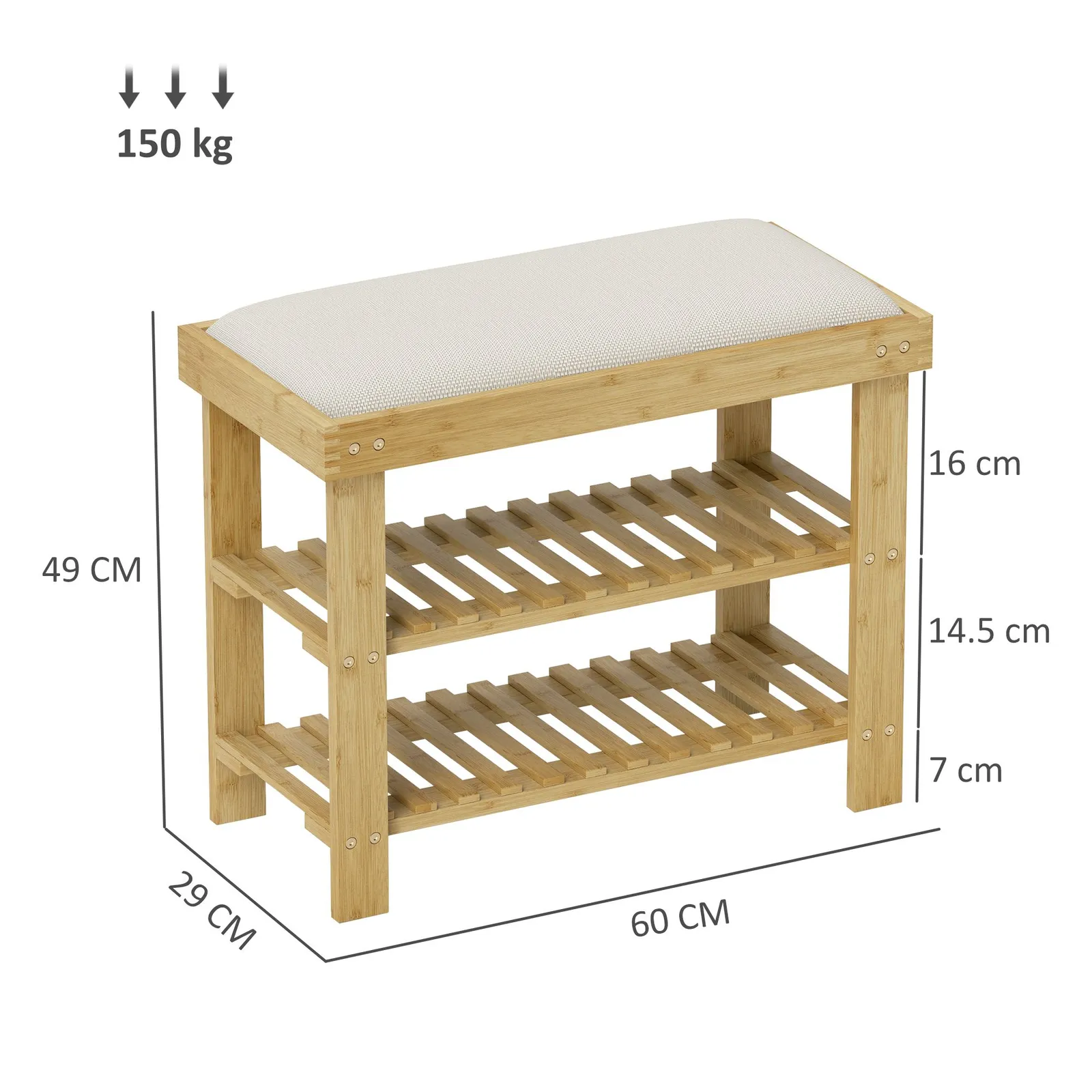 HOMCOM 3-Tier Shoe Storage Bench, Bamboo Shoe Rack for Entryway, Cream 3