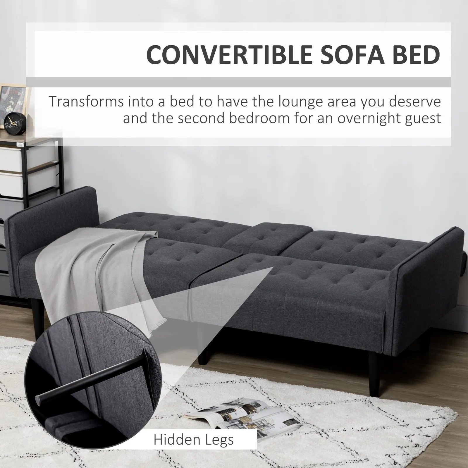 HOMCOM Upholstered Sofa bed 3 Seater Home Theater with Storage Grey 6