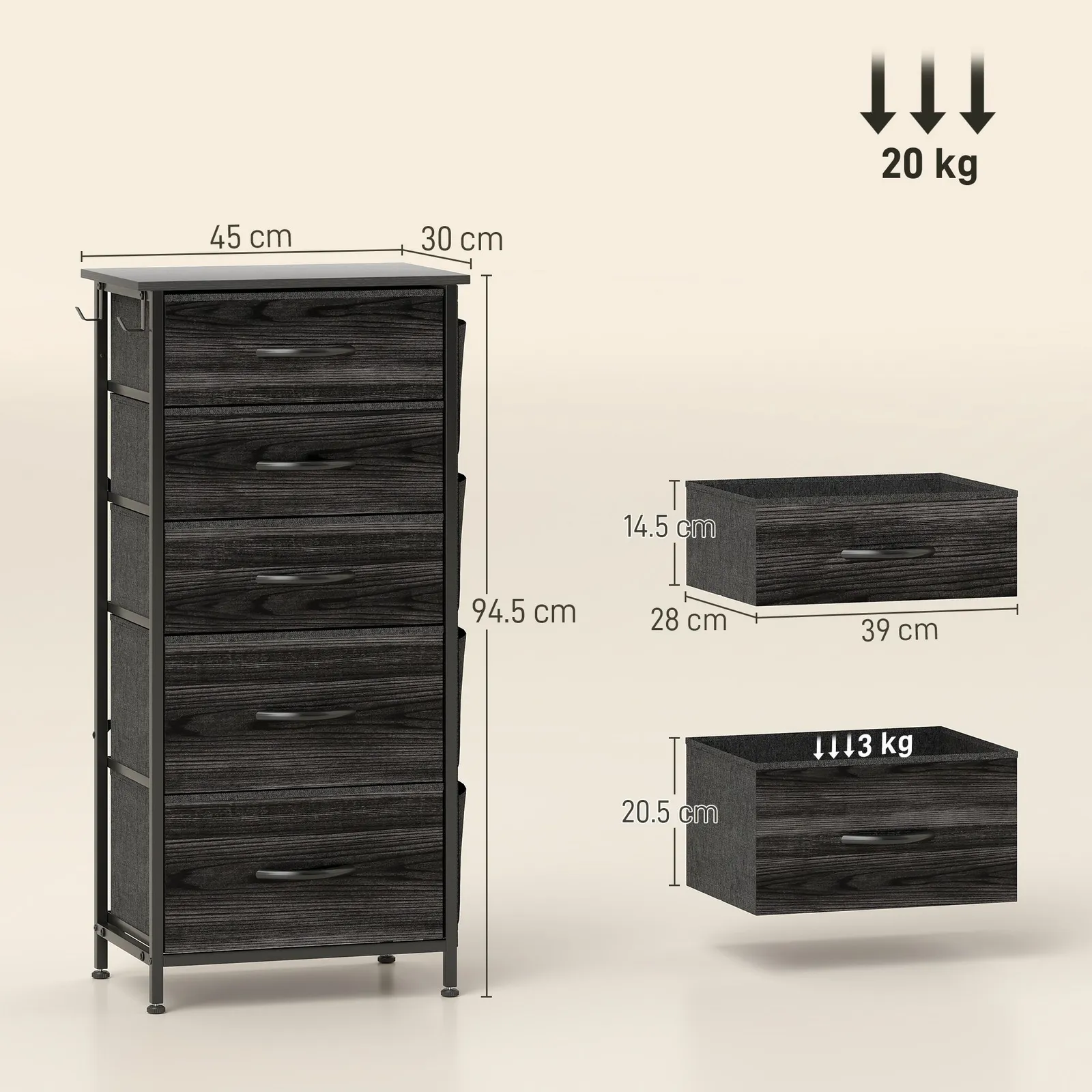 HOMCOM Fabric Chest of Drawers, Drawer Dresser for Bedroom in Black 3