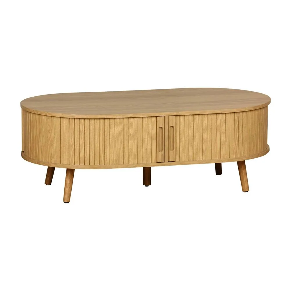 sweeek Coffee table with sliding doors & grooved wooden-effect in Beige 2