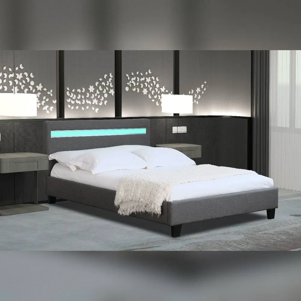 Comfy Living Ltd Modern Hopsack Fabric Upholstered Bedframe With LED Strip in Dark Grey 1