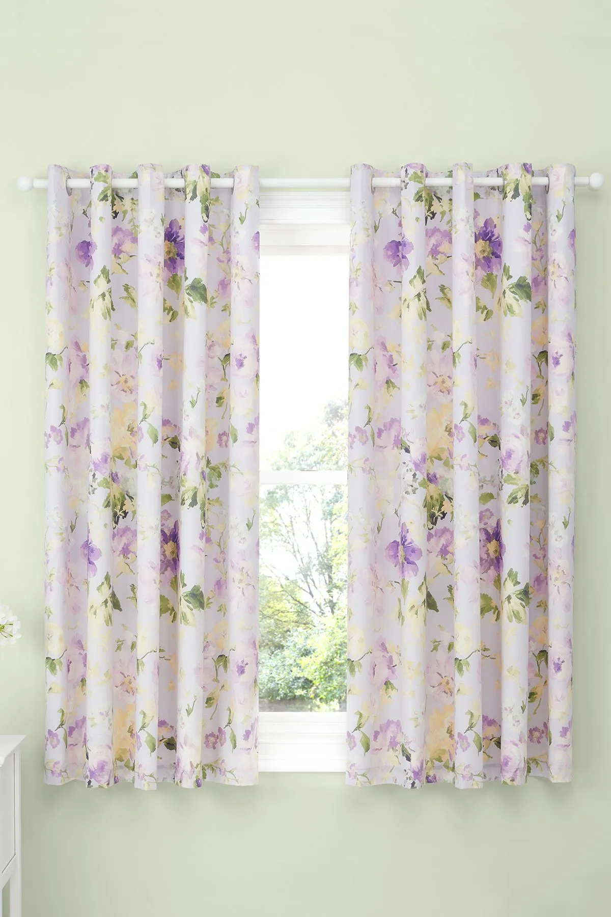 Dreams & Drapes 'Florette' Hand Painted Floral Print Light Filtering Eyelet Curtains in Lilac