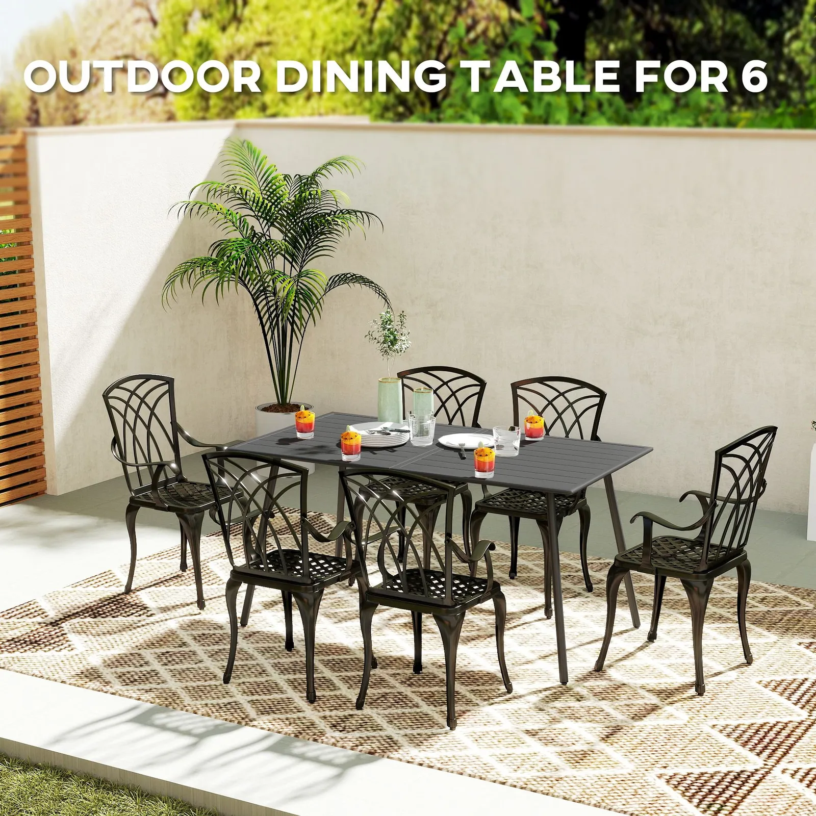 OUTSUNNY Garden Dining Table for 6 Person with Slat Top, Steel Frame, Grey 4