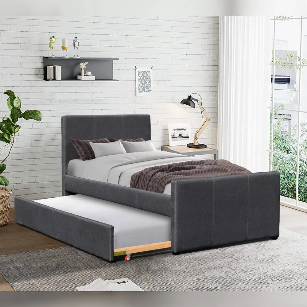 Comfy Living Ltd 3ft Single Fabric Bed Frame With Trundle Bed in Grey 1