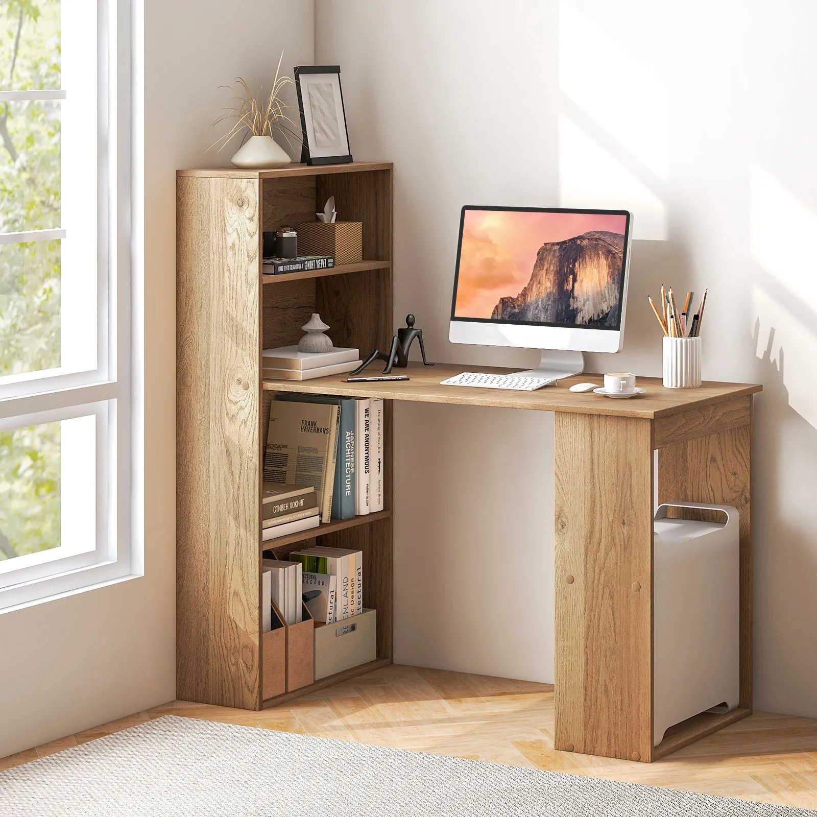 Costway 48"Computer Desk w/ Bookcase Modern Writing Desk w/ 6-tier Storage Shelves Home Office in Natural 2