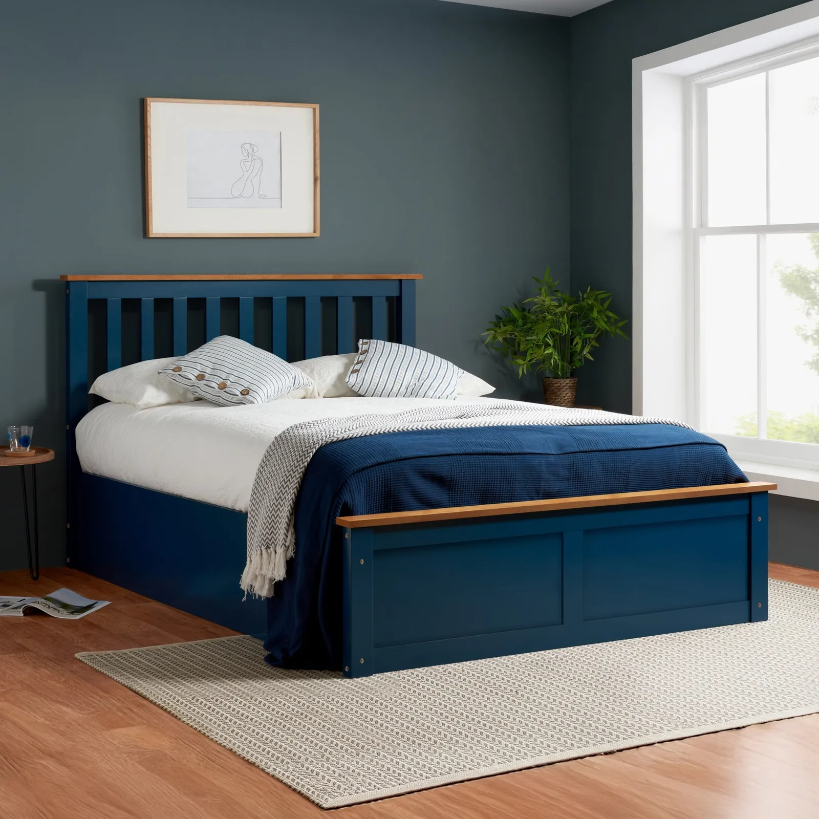 Phoenix - Single - Navy Blue Wooden Ottoman Storage Bed Frame - Slatted Headboard - 3ft - Happy Beds