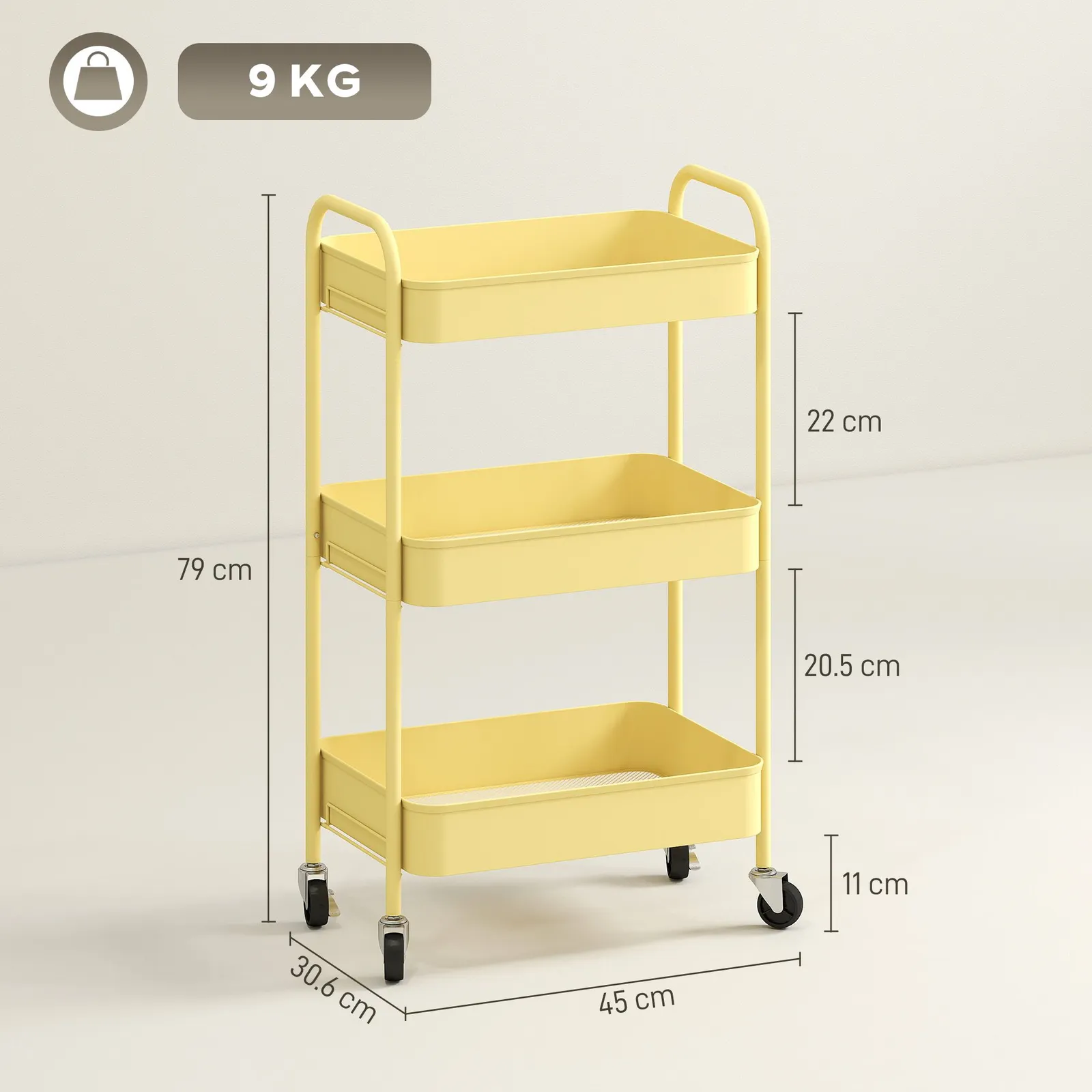 HOMCOM 3 Tier Rolling Utility Cart with 3 Mesh Basket in Yellow 3