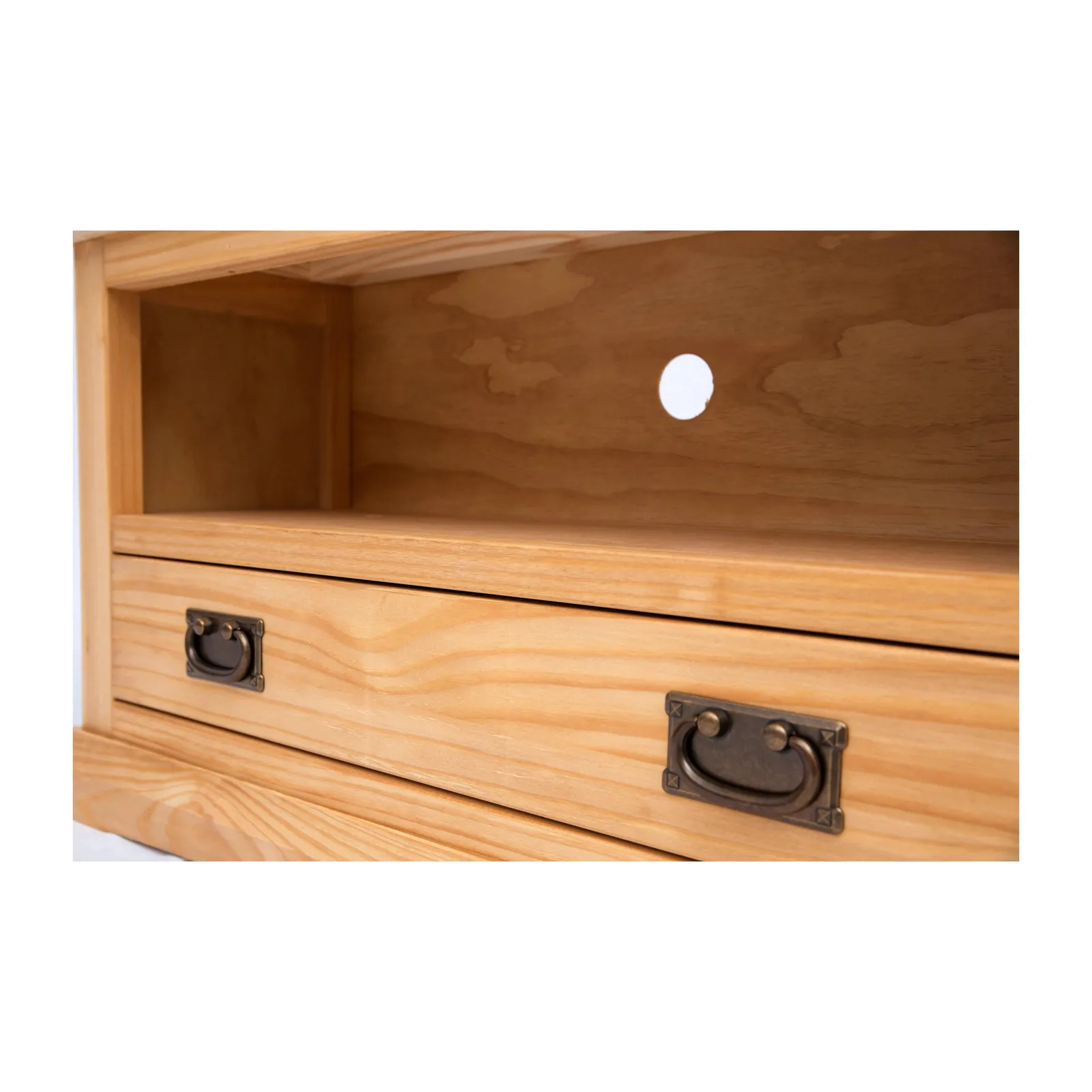 Cabinet Bits Lucca Waxed 1 Drawer TV Cabinet Brass Drop Handle in Light Brown 5