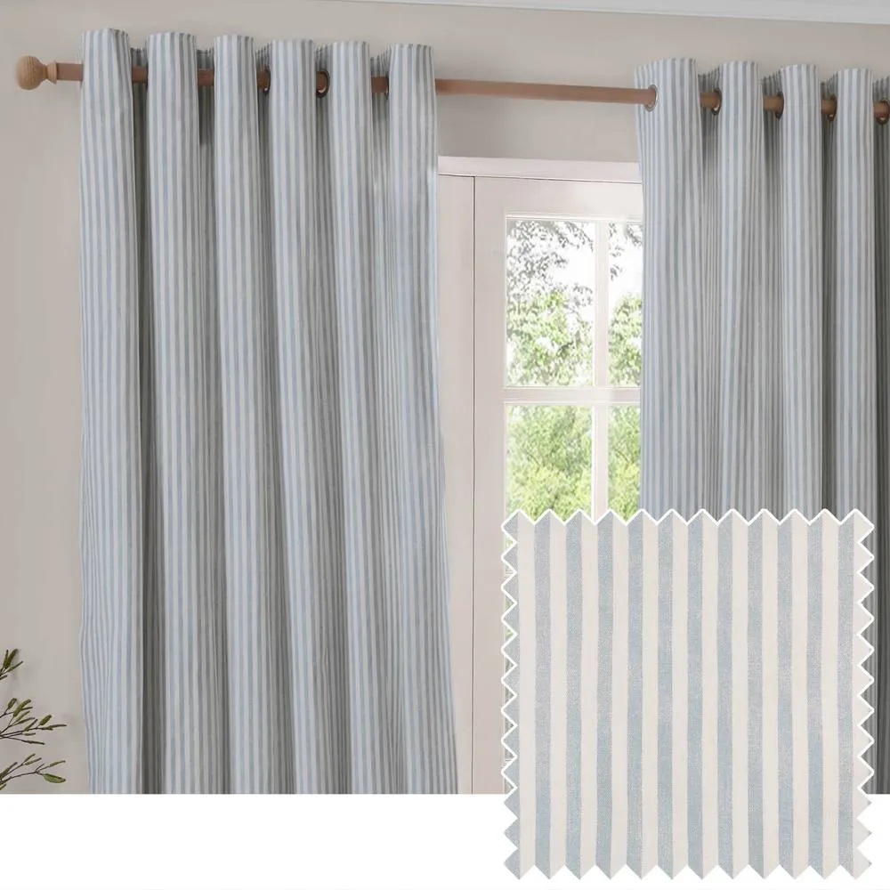 Yard Hebden Striped 100% Cotton Lined Eyelet Curtain Pair in Baby Blue