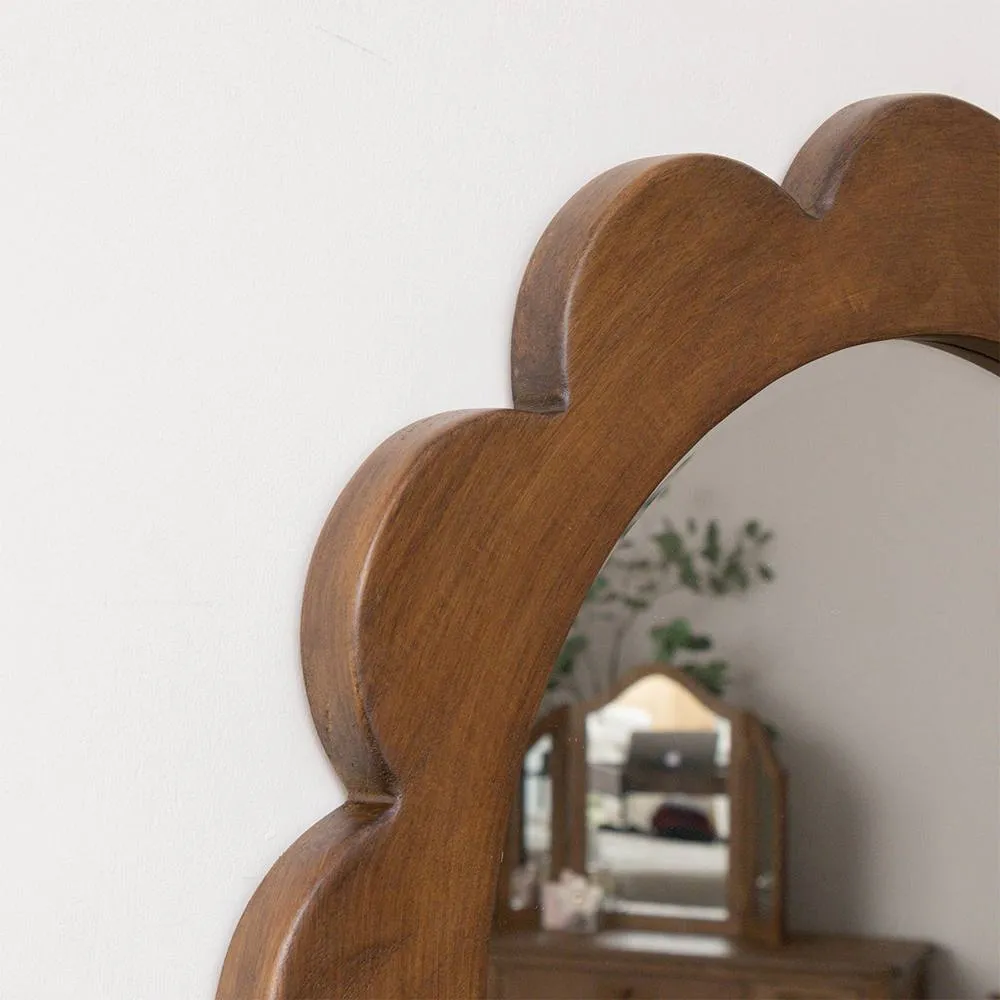 Melody Maison Dark Wood Scalloped Edge Bevelled Wall Mirror - 70cm in Brown 2