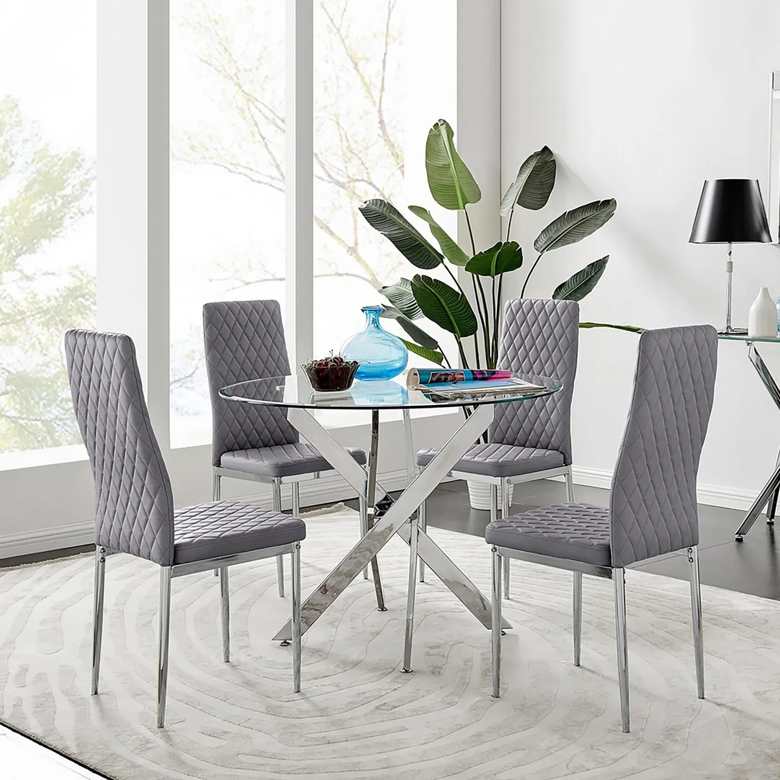 FurnitureboxUK Novara 100cm Round Dining Table & 4 Velvet Milan Chairs in Grey 1