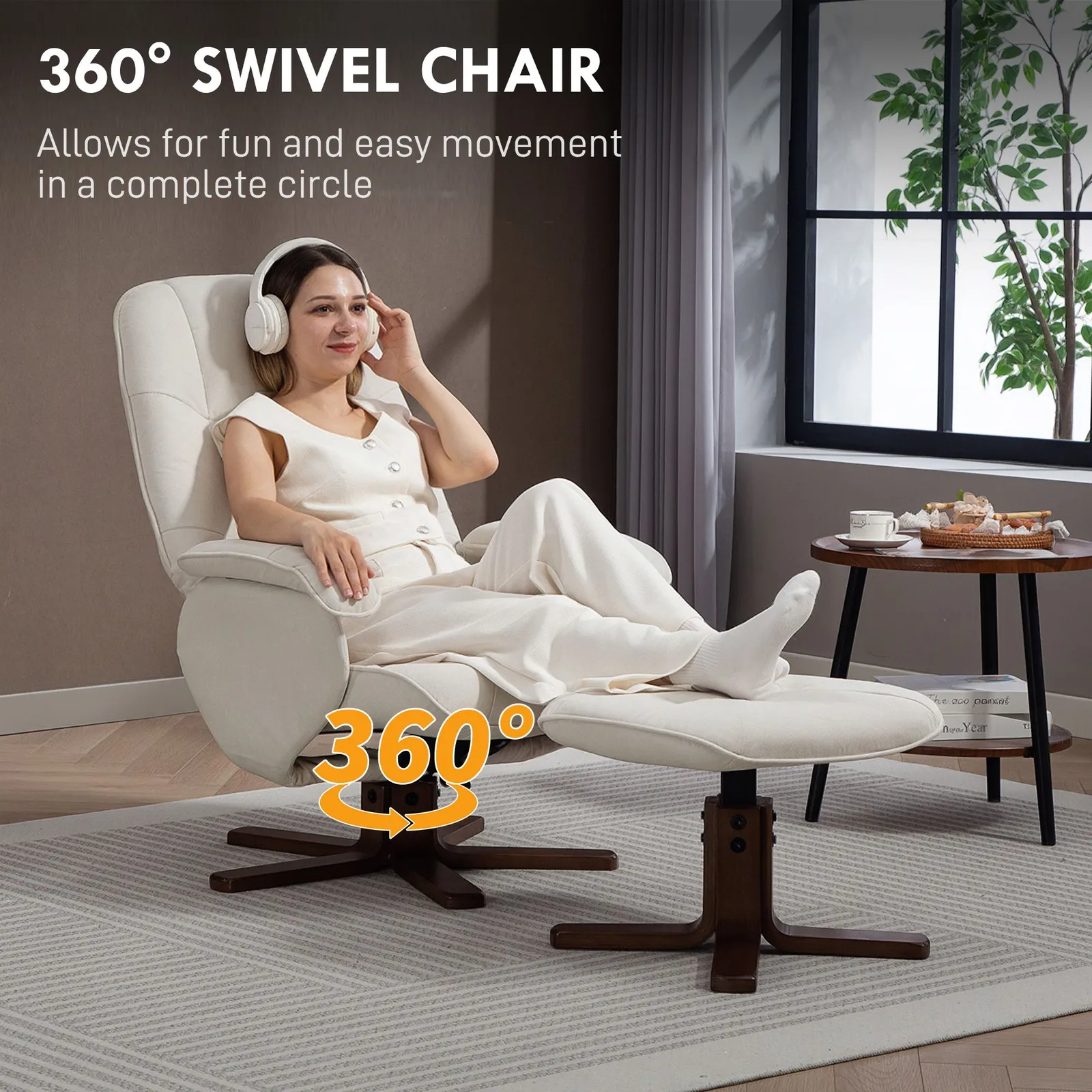 HOMCOM Swivel Recliner Chair with Footstool & Wooden Base in Beige 6
