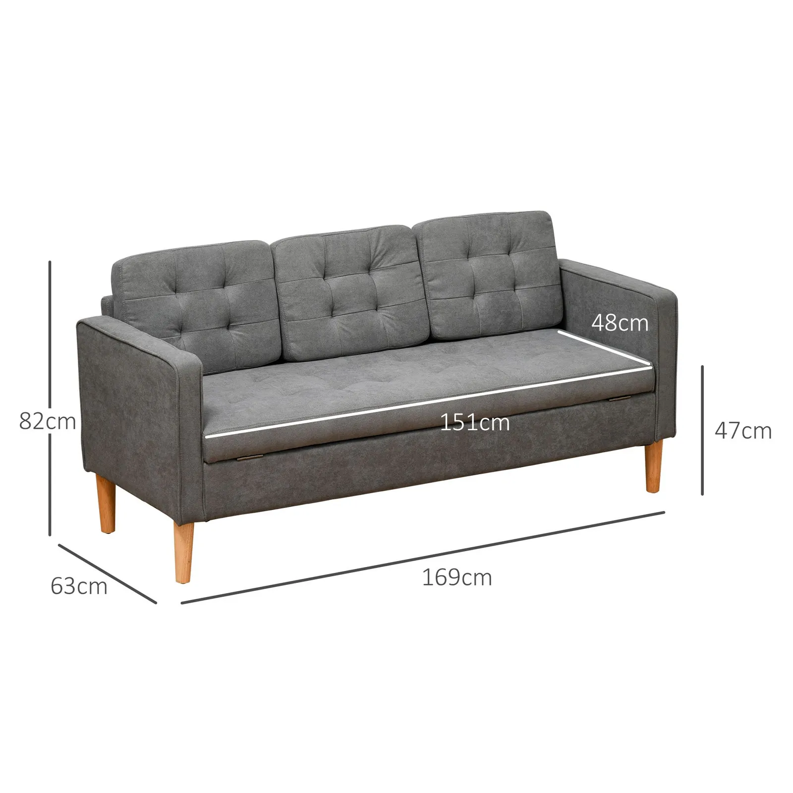 HOMCOM 3 Seater Sofa Button Tufted Fabric Couch Hidden Storage Rubberwood in Grey 3