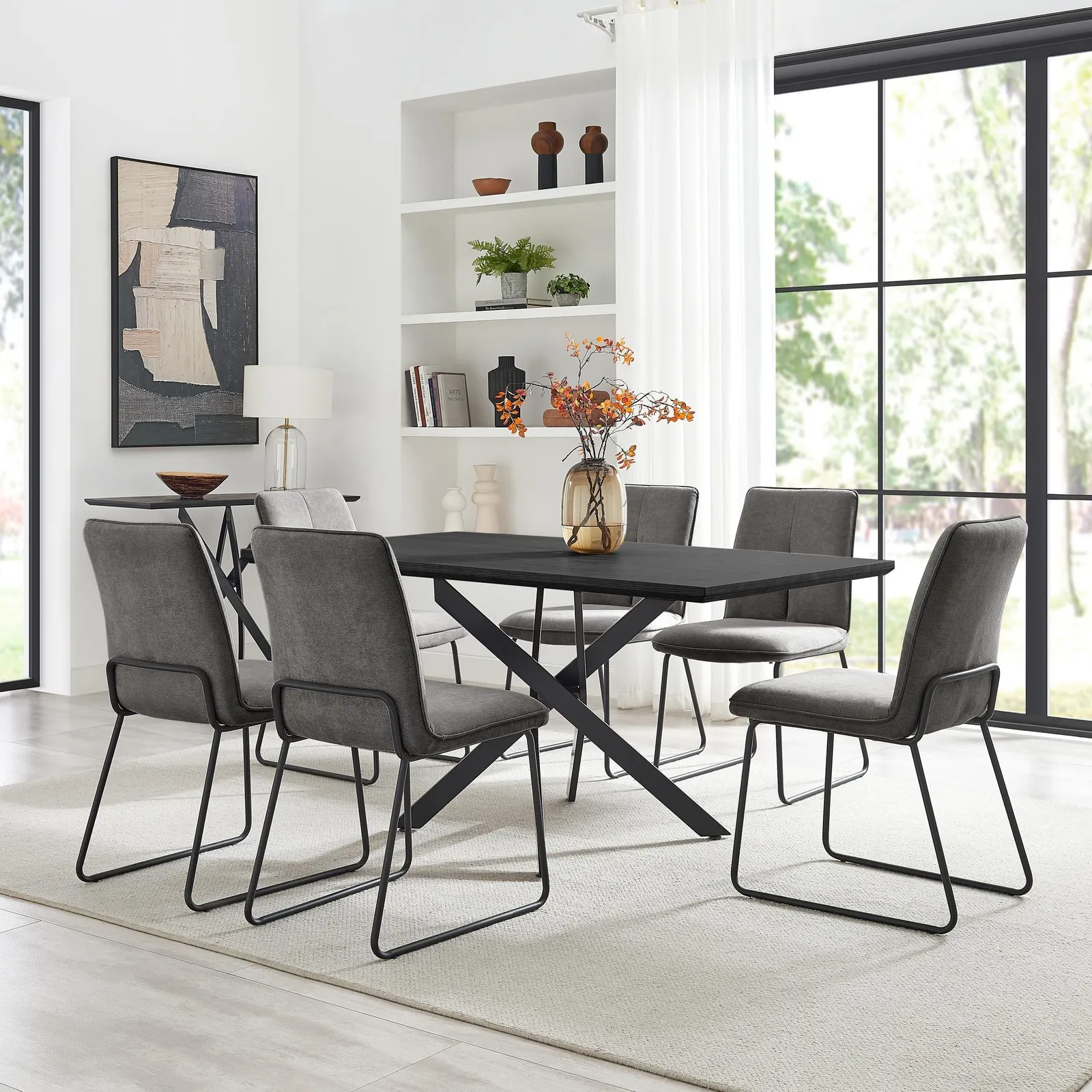 FurnitureboxUK Leonardo Black Top Dining Table & 6 Halley Fabric Chairs in Dark Grey