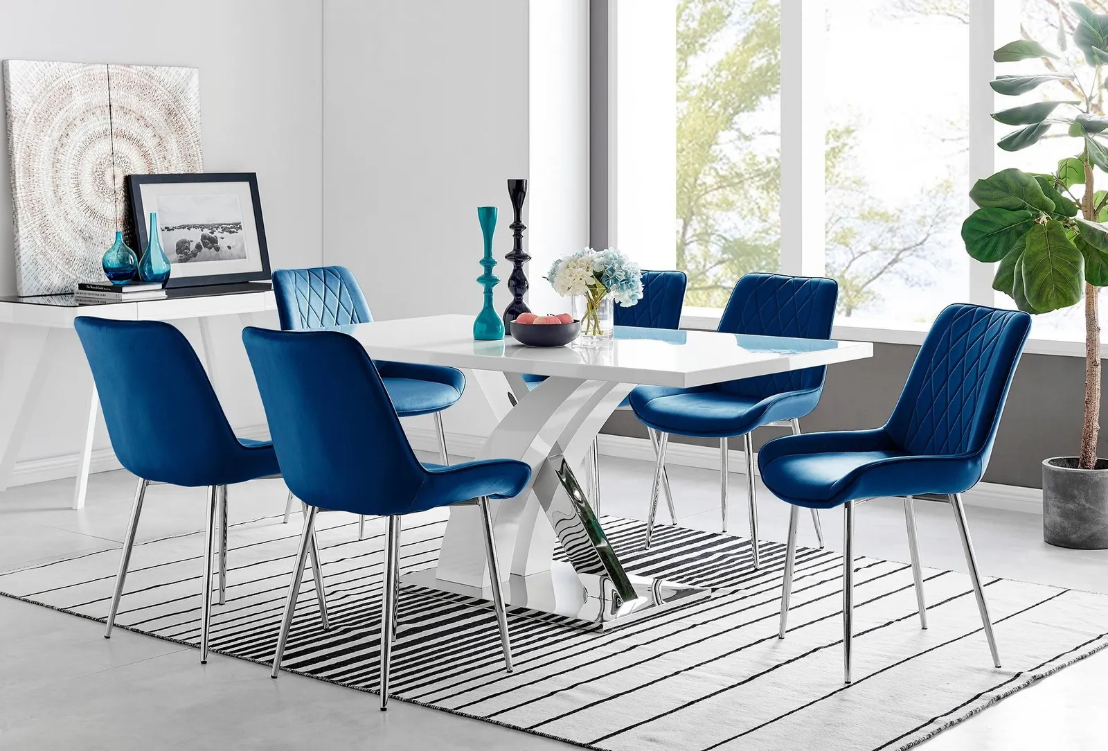 FurnitureboxUK Atlanta 6 White Dining Table & 6 Pesaro Silver Leg Chairs in Navy