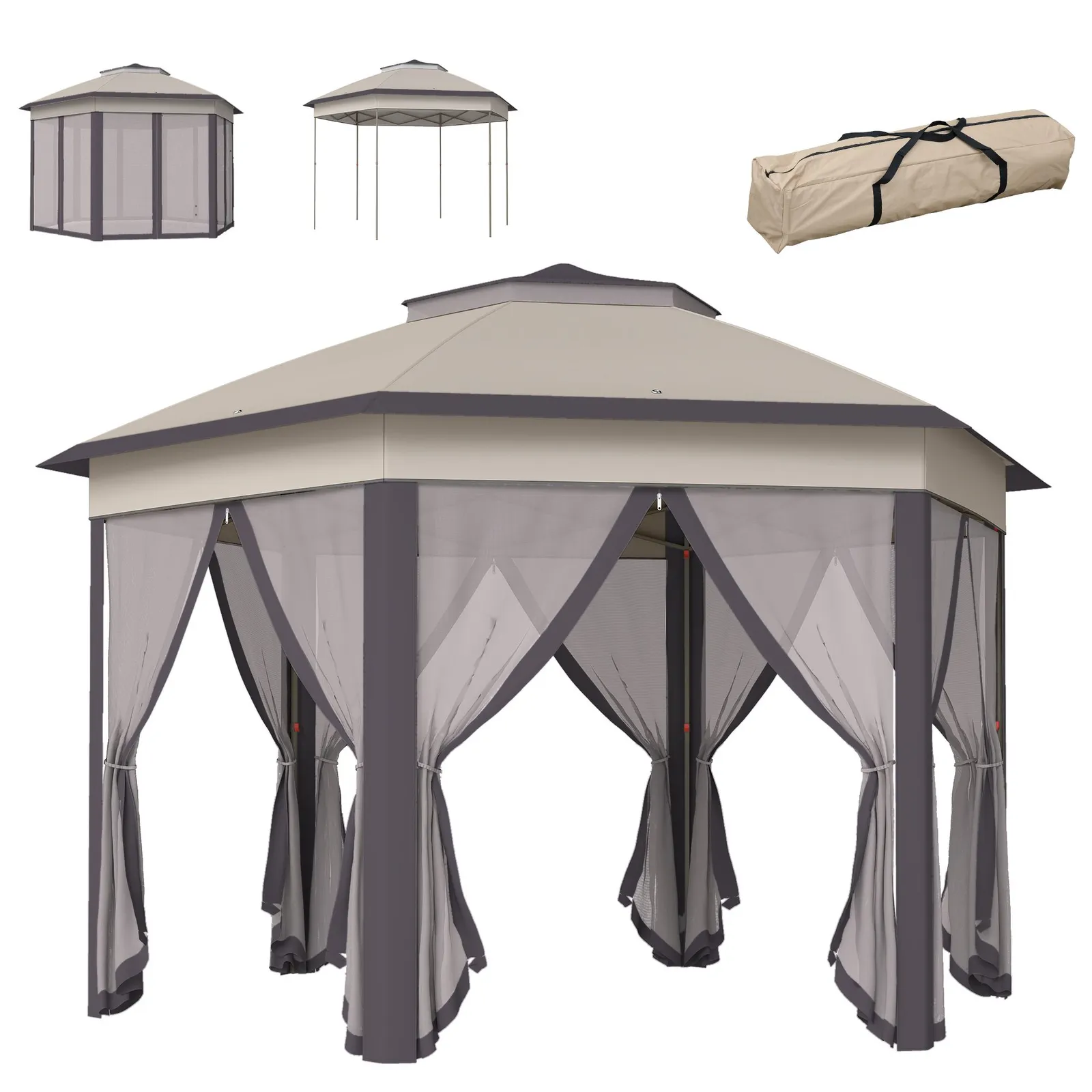 OUTSUNNY 3x4m Hexagon Gazebo w/ Metal Frame Mesh Curtains Outdoor Garden in Beige 2