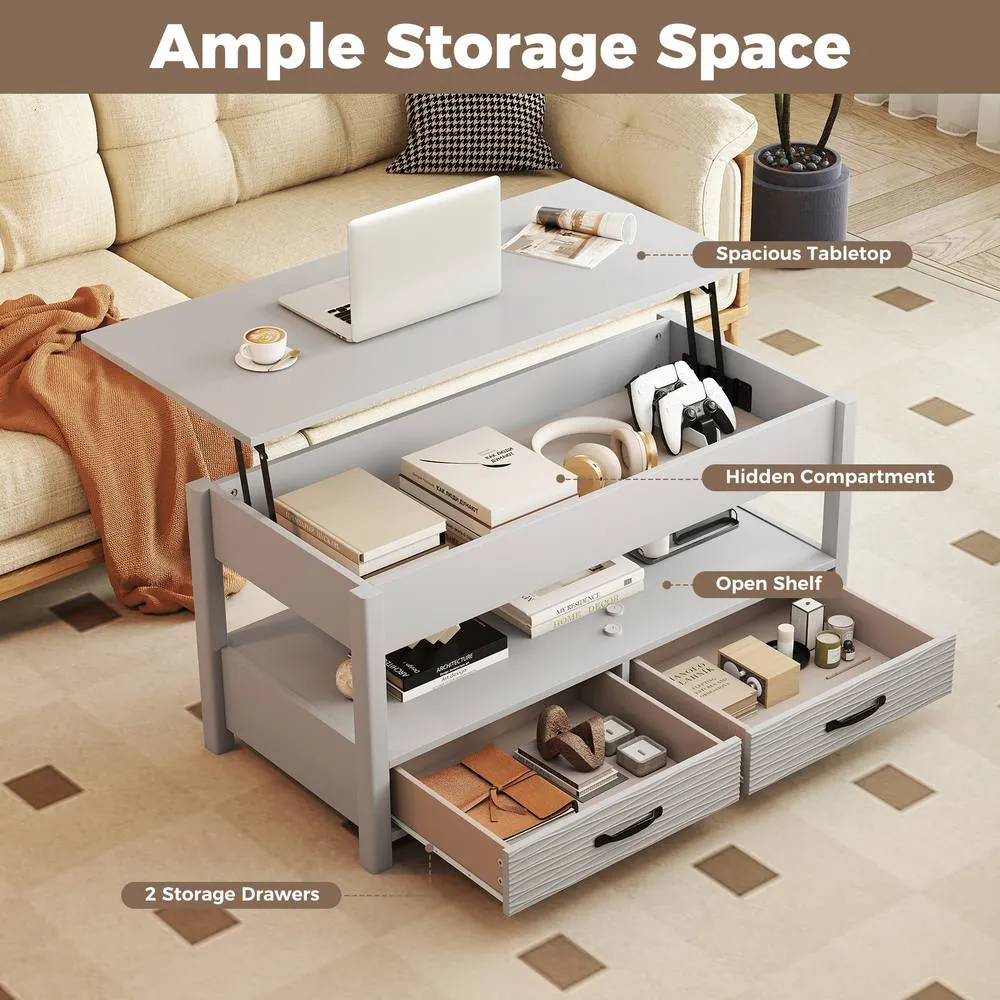 Costway Farmhouse Accent Table Lift Top Coffee Table with Storage in Grey 5