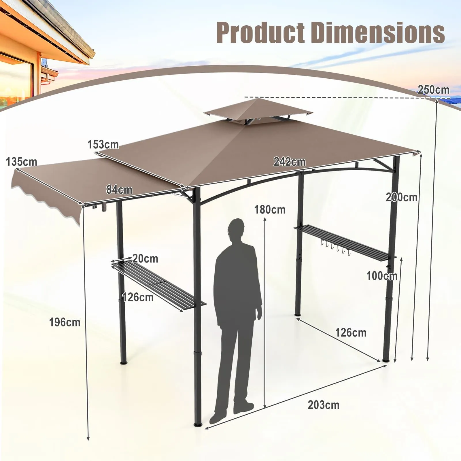Costway 318x153cm Grill Gazebo Outdoor Barbecue Canopy Tent w/Side Awning in Brown 2