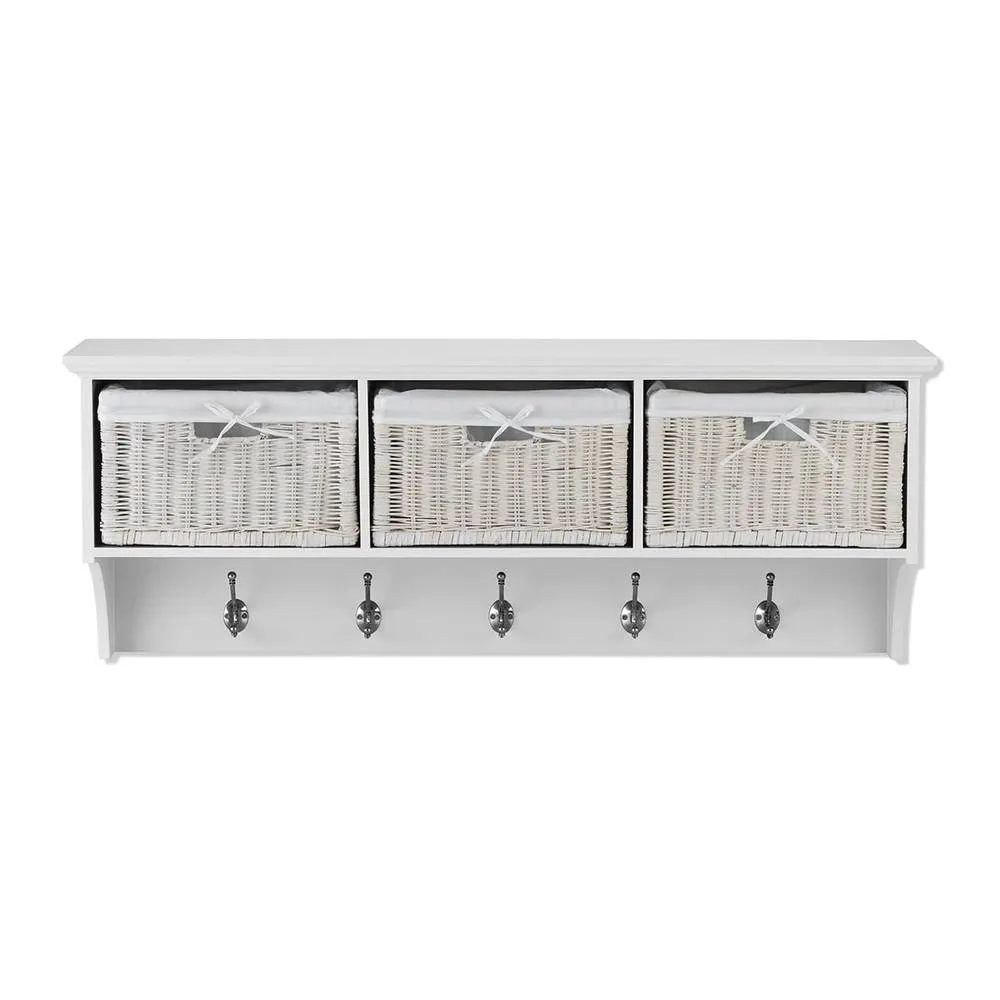 Statement Furniture Tetbury Large Hallway Coat Rack / Shelf with Wicker Storage Baskets in White 2