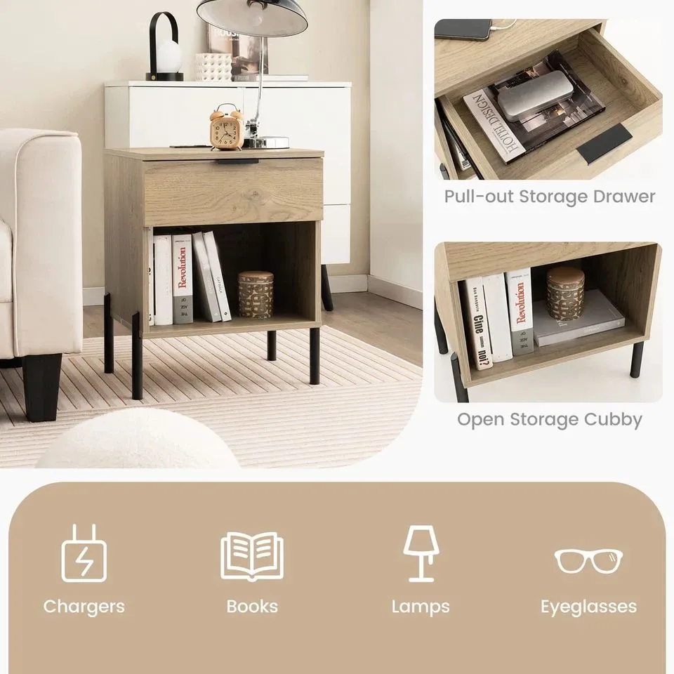 Costway Mid Century Modern Nightstand Bed Side Table w/Charging Station in Natural 3