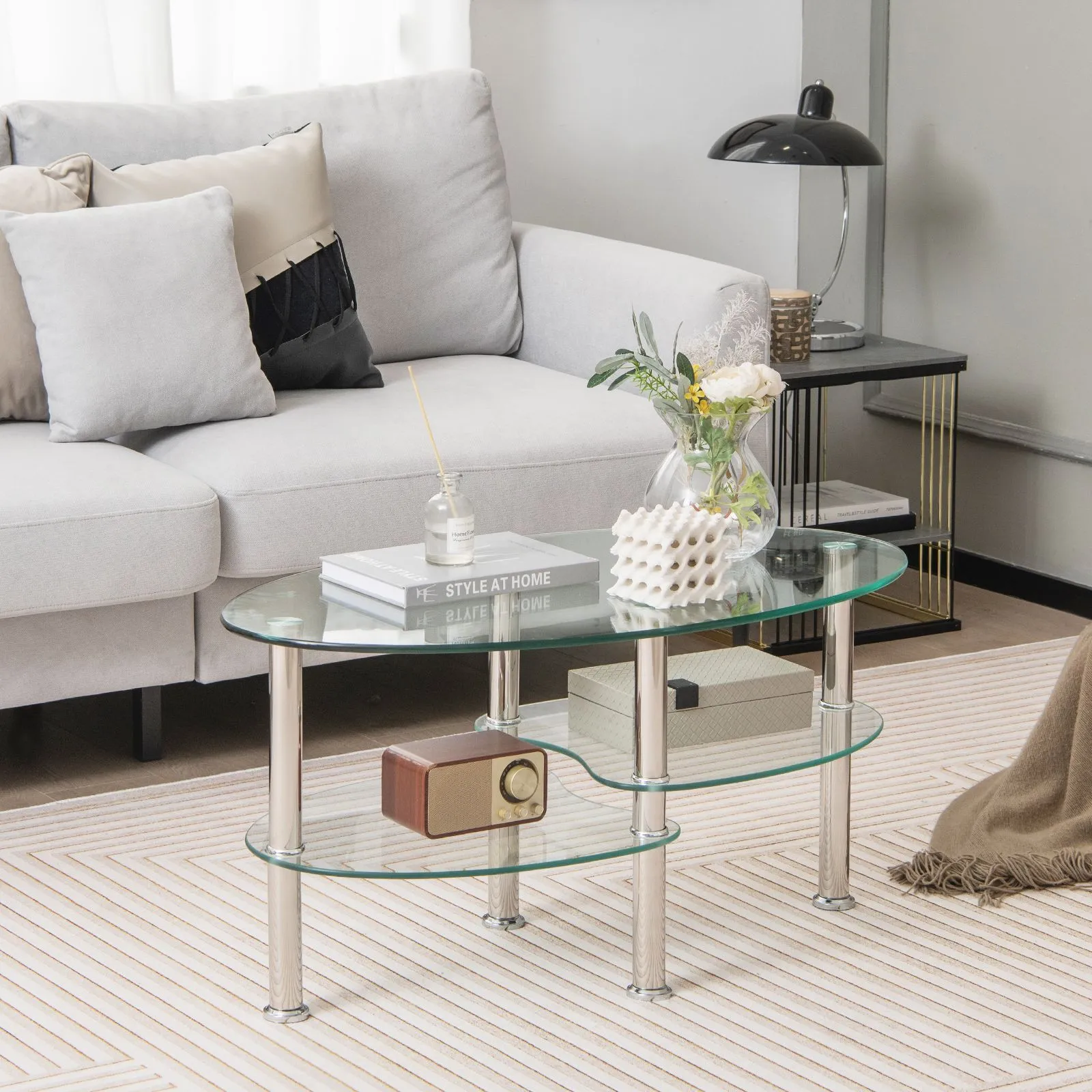 Costway 3-Tire Modern Oval Tea Table Smooth Glass Coffee Table Sofa End Side Table in Clear 2