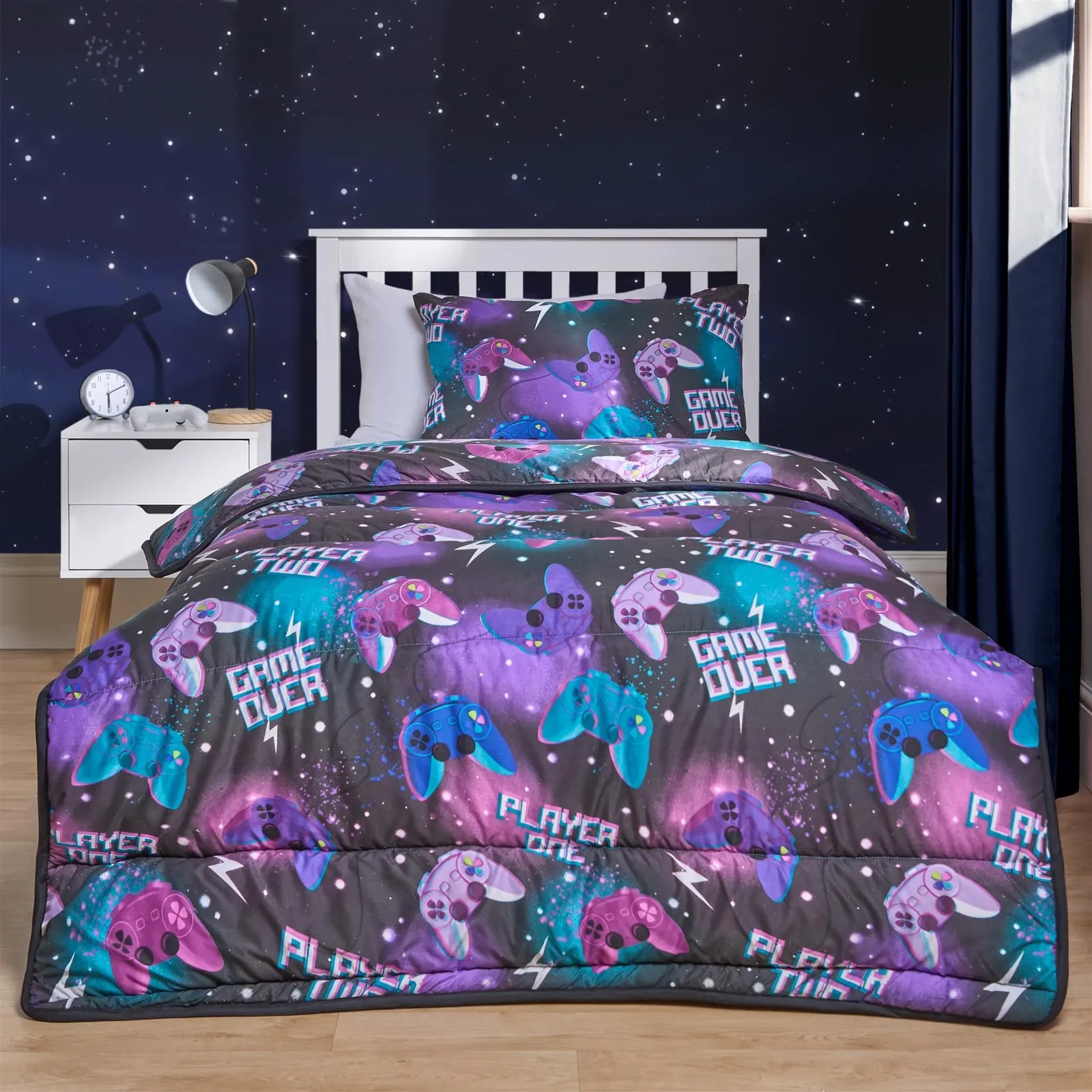 OHS Gaming Coverless 10.5 Tog Duvet Set Bed Quilted Gamer Pillowcase in Black