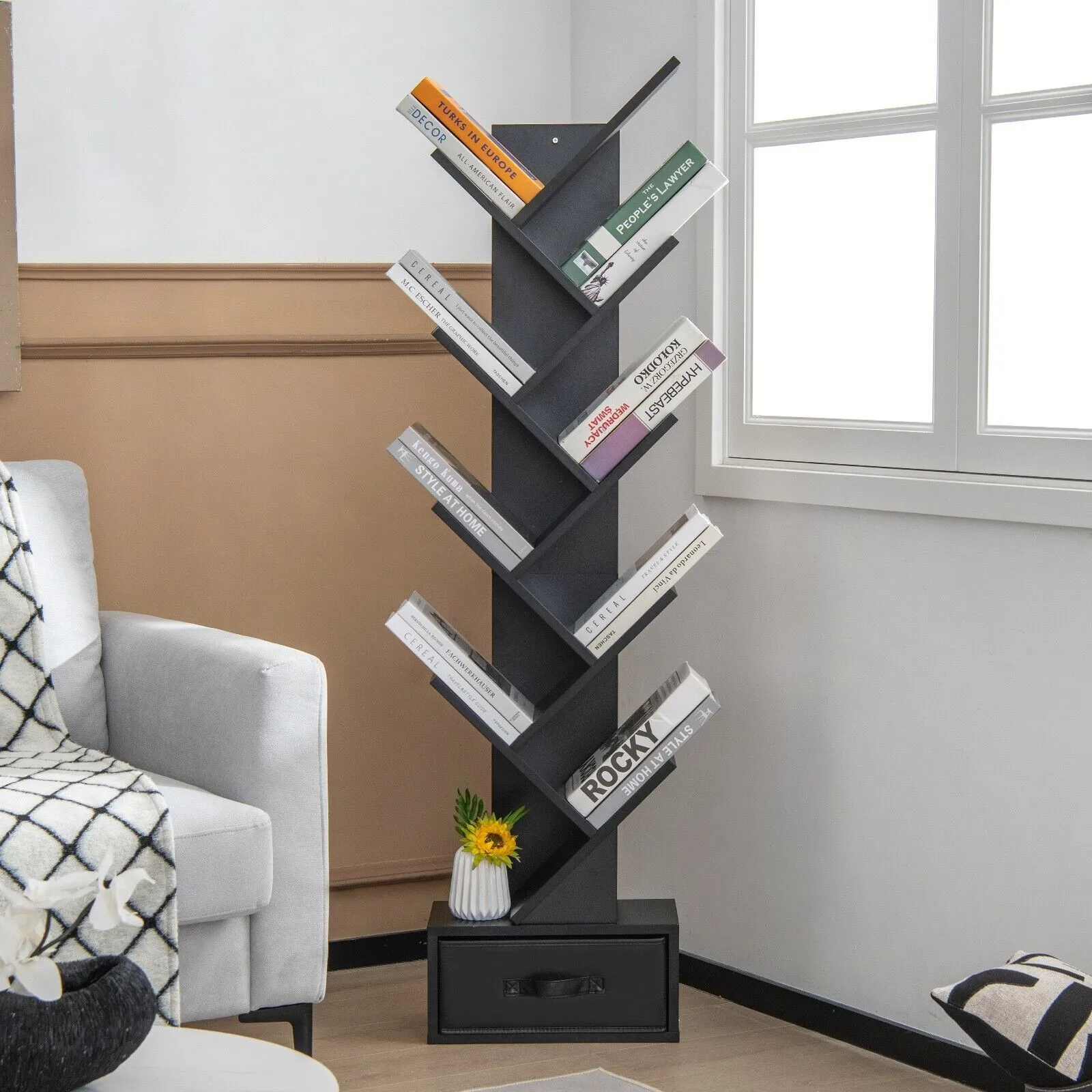 Costway 10 Tiers Bookshelf Display Bookcase Tree Shaped Storage Rack Shelves with Drawer in Black 4